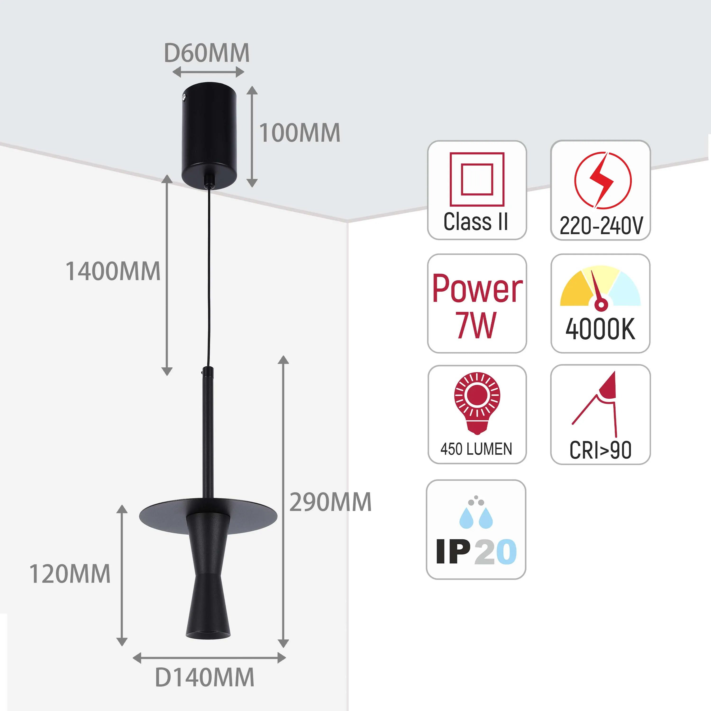 Modern pendant light, showcasing its dimensions and specifications, including 7W power, 4000K colour temp, and 450 lumens output.
