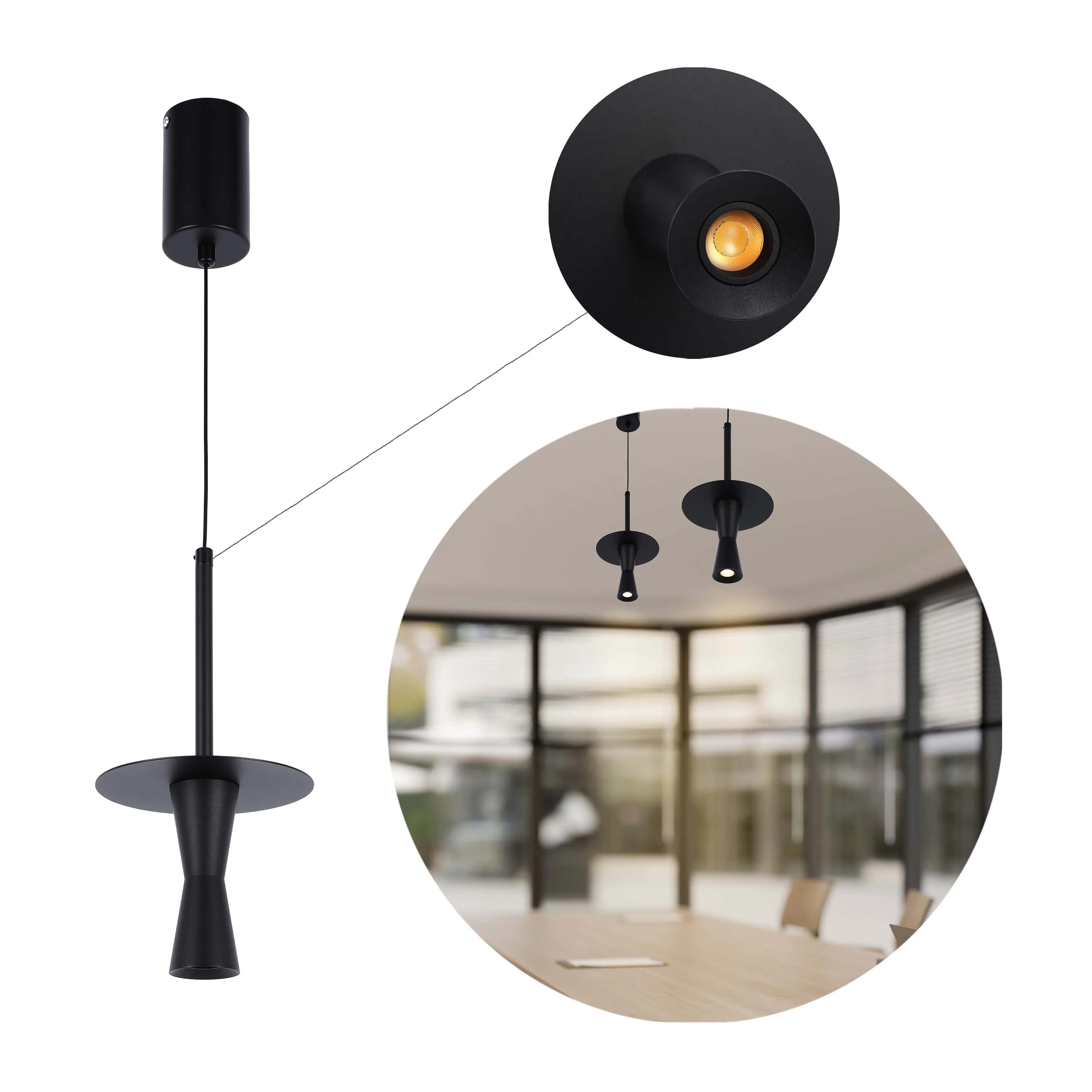A stylish black pendant light, with a focus on its design and warm light output. A modern lighting option.