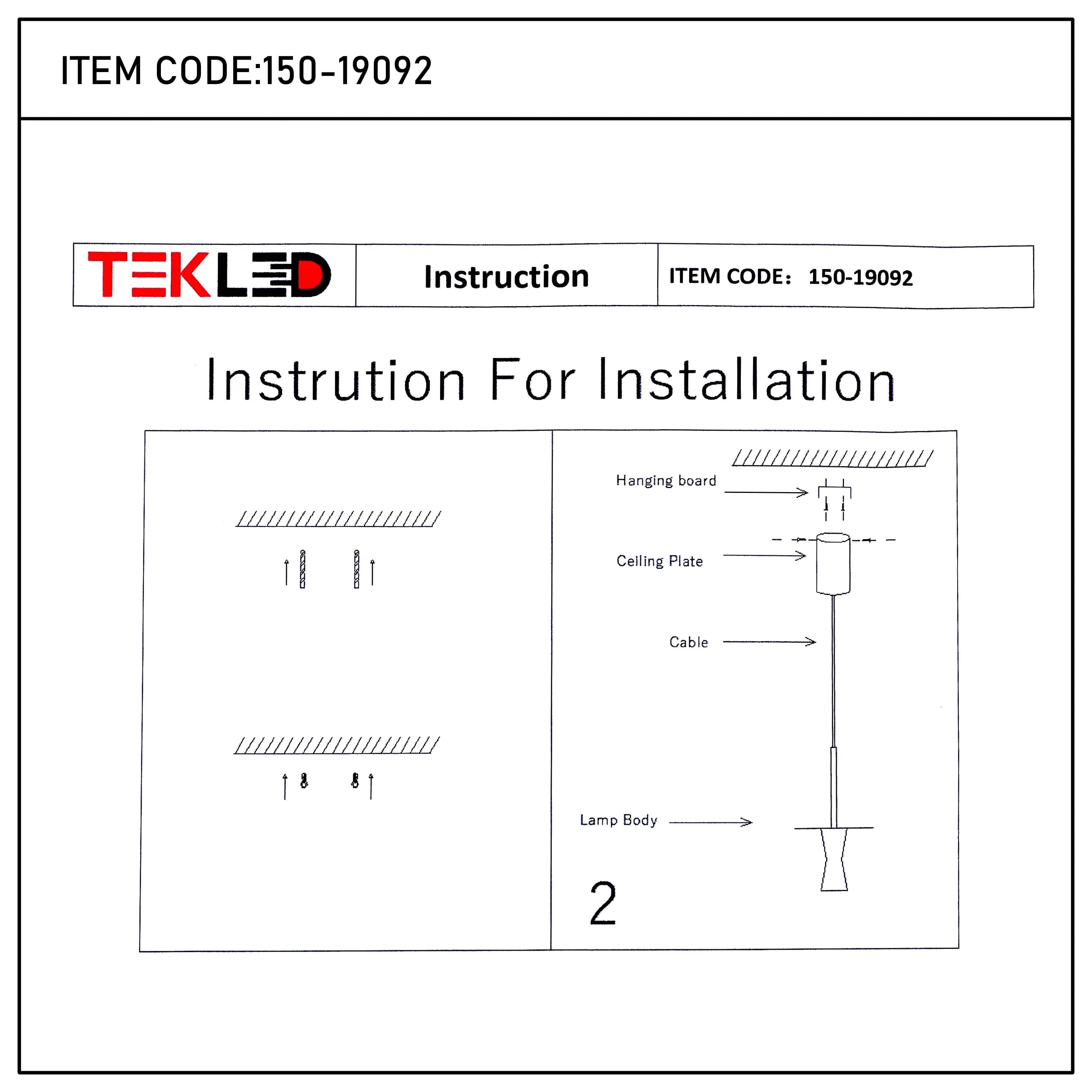 Installation instructions diagram for a pendant light, labelled with 'hanging board', 'cable' and 'lamp body'.