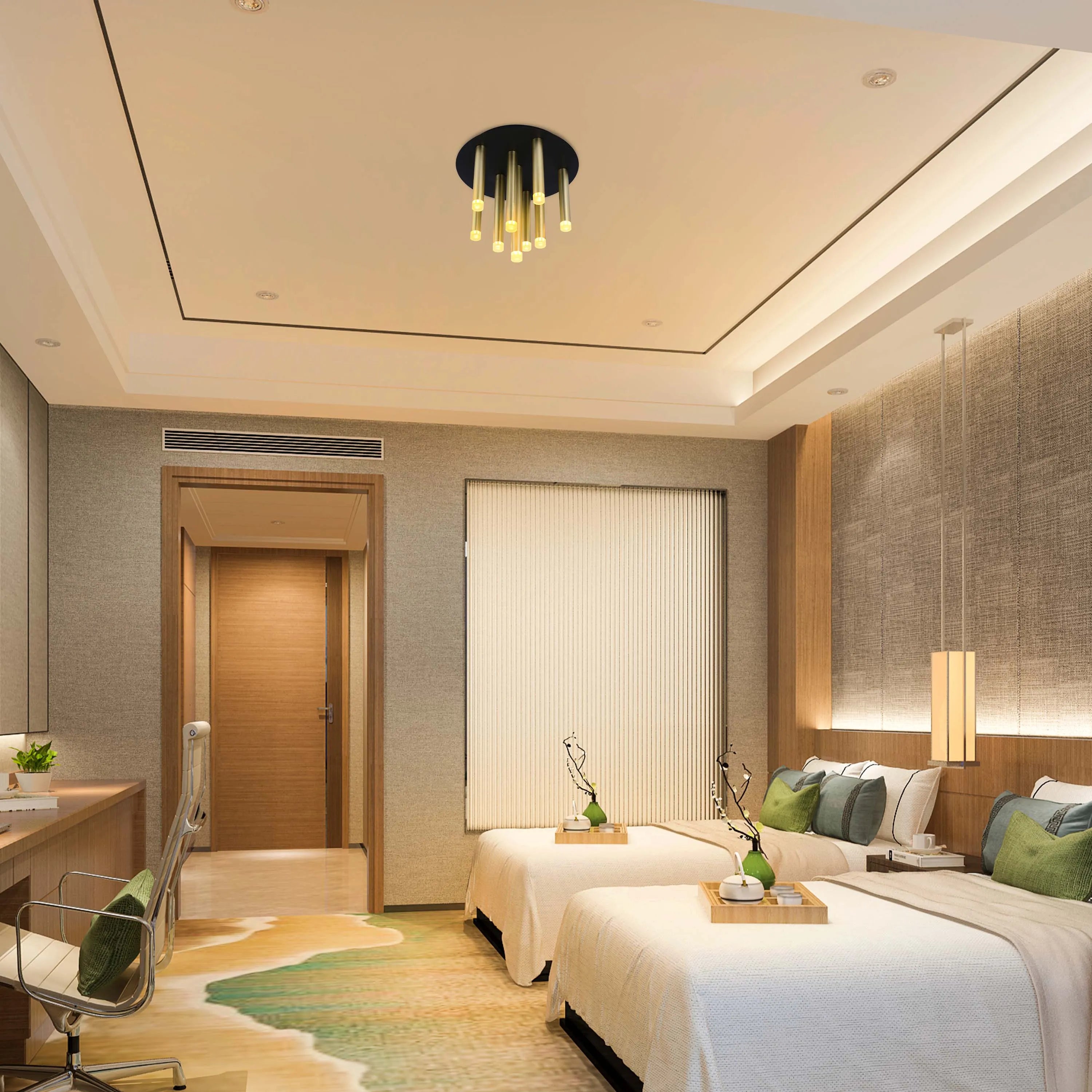 This bedroom features modern lighting. A stylish chandelier, strip lights, and pendant lighting are on display.