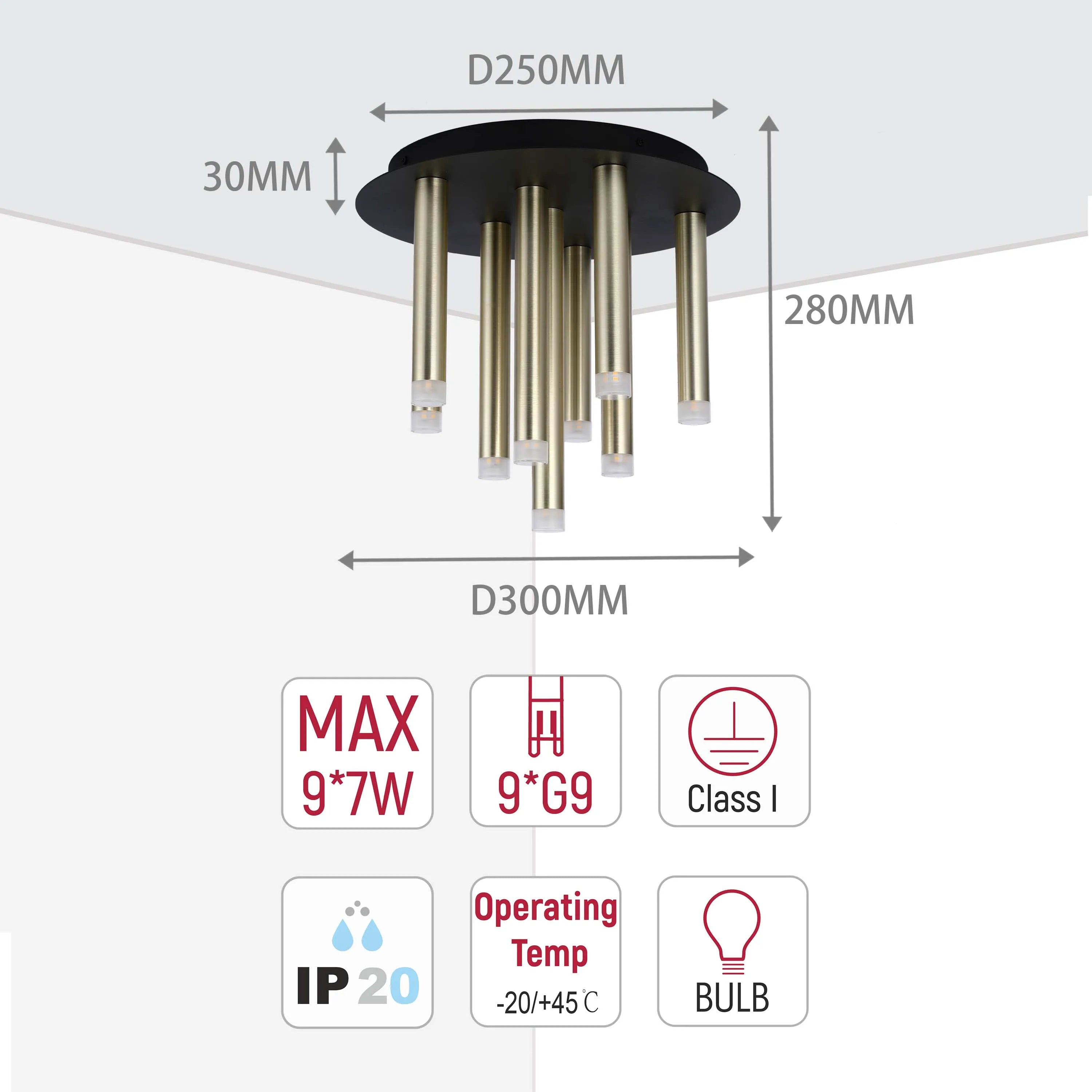 A nine-light chandelier with gold cylindrical lamps, dimensions are 250mm diameter, 280mm height, and 30mm depth.