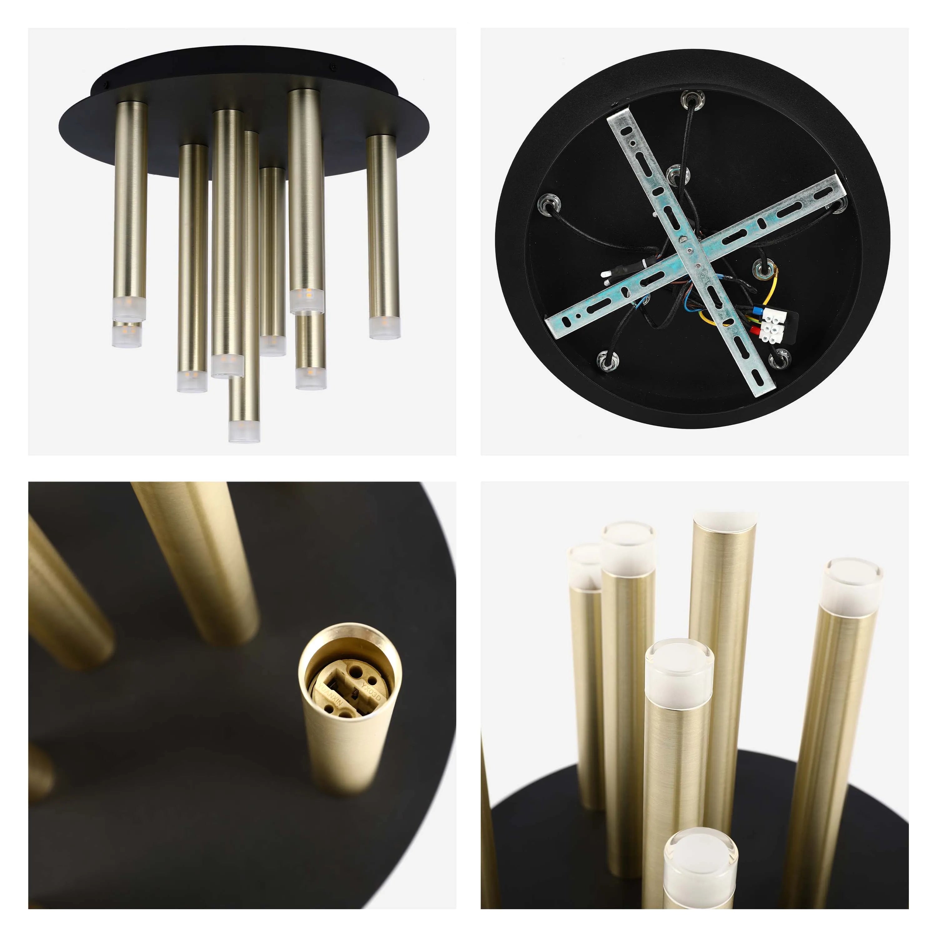 A modern, multi-light ceiling light fixture with gold, cylindrical shades and a black base plate, offering ambient lighting.