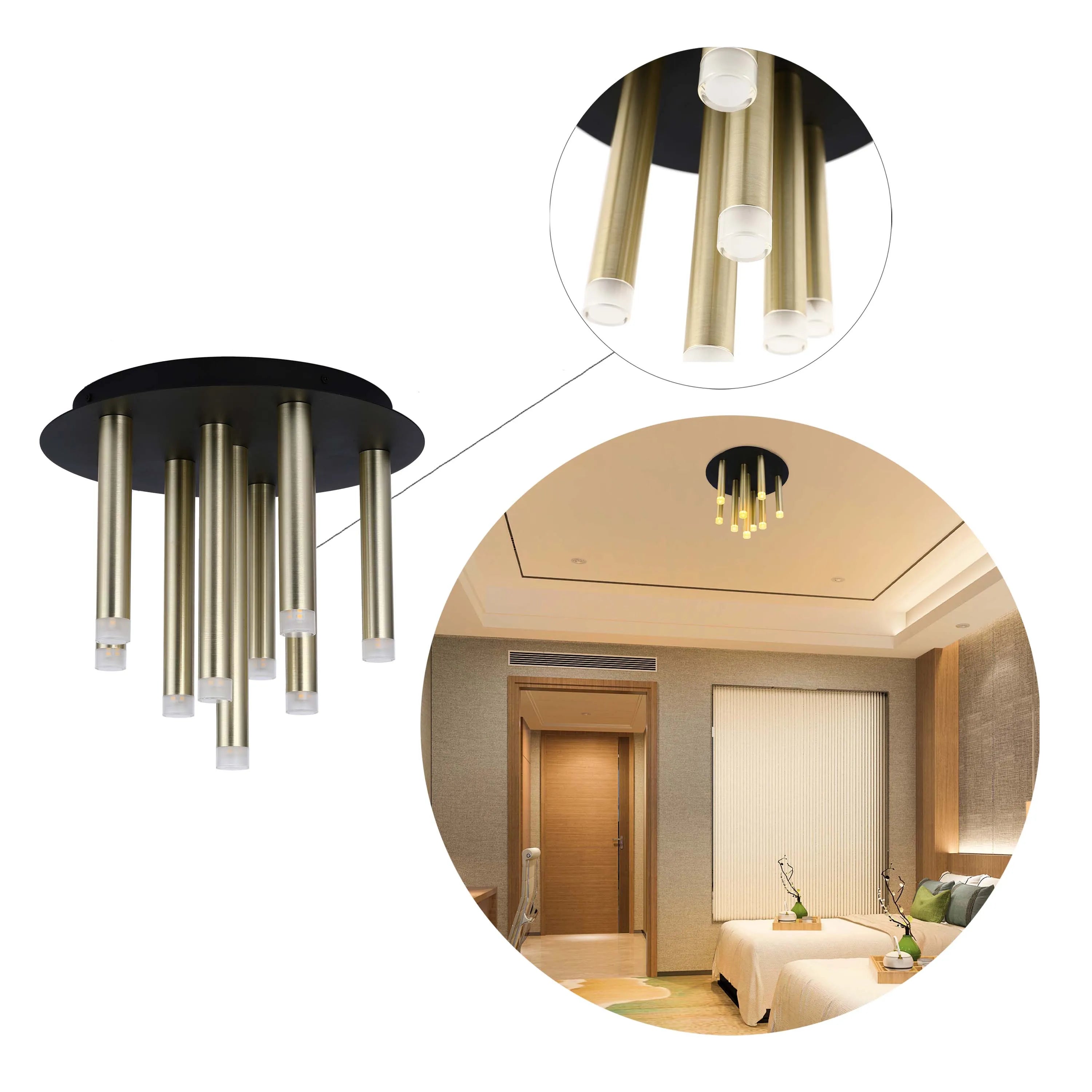 Modern ceiling light with gold tubes and a black mounting plate. Creates a stylish and ambient glow in a bedroom.