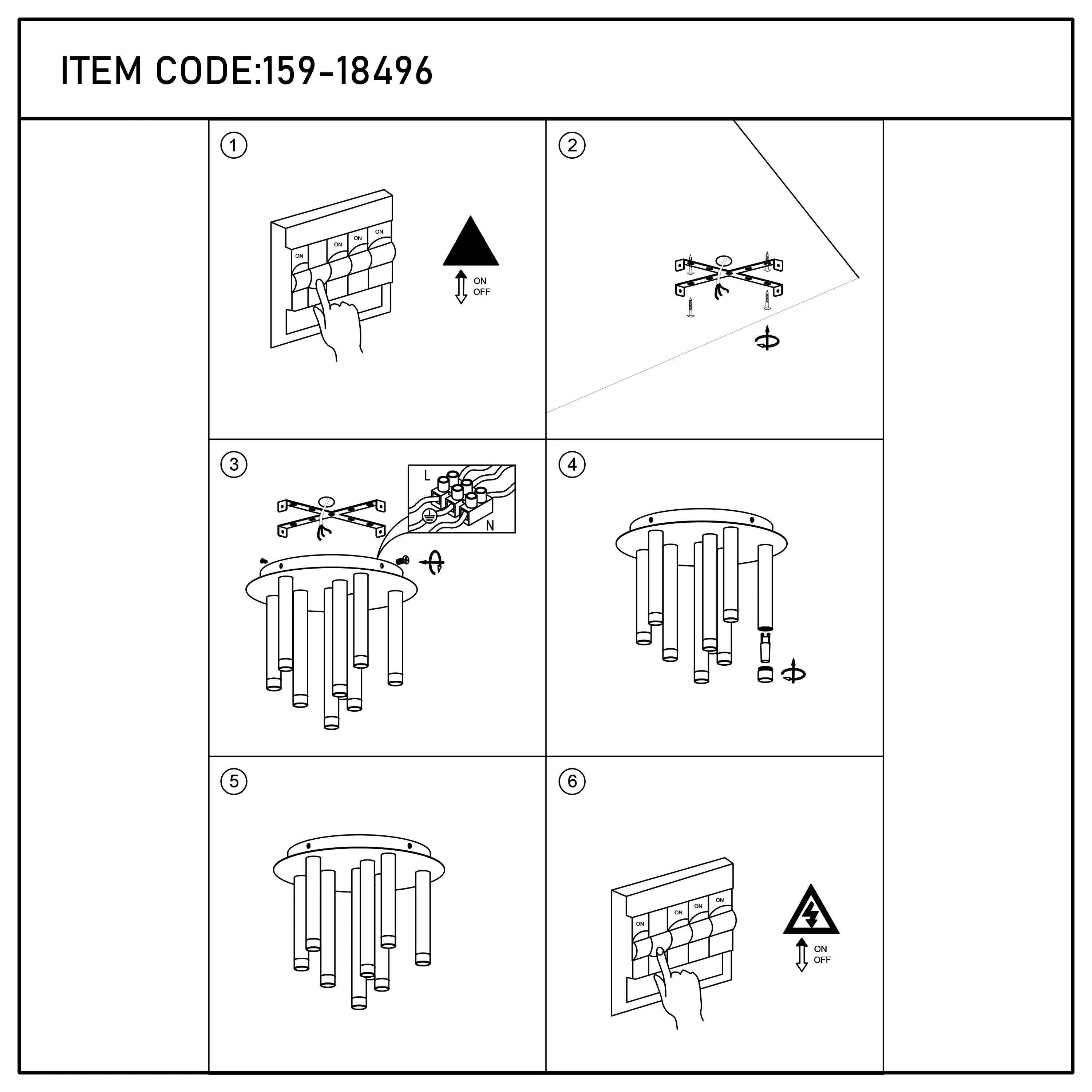 A contemporary light fixture with multiple cylindrical diffusers. A six step assembly guide is shown.
