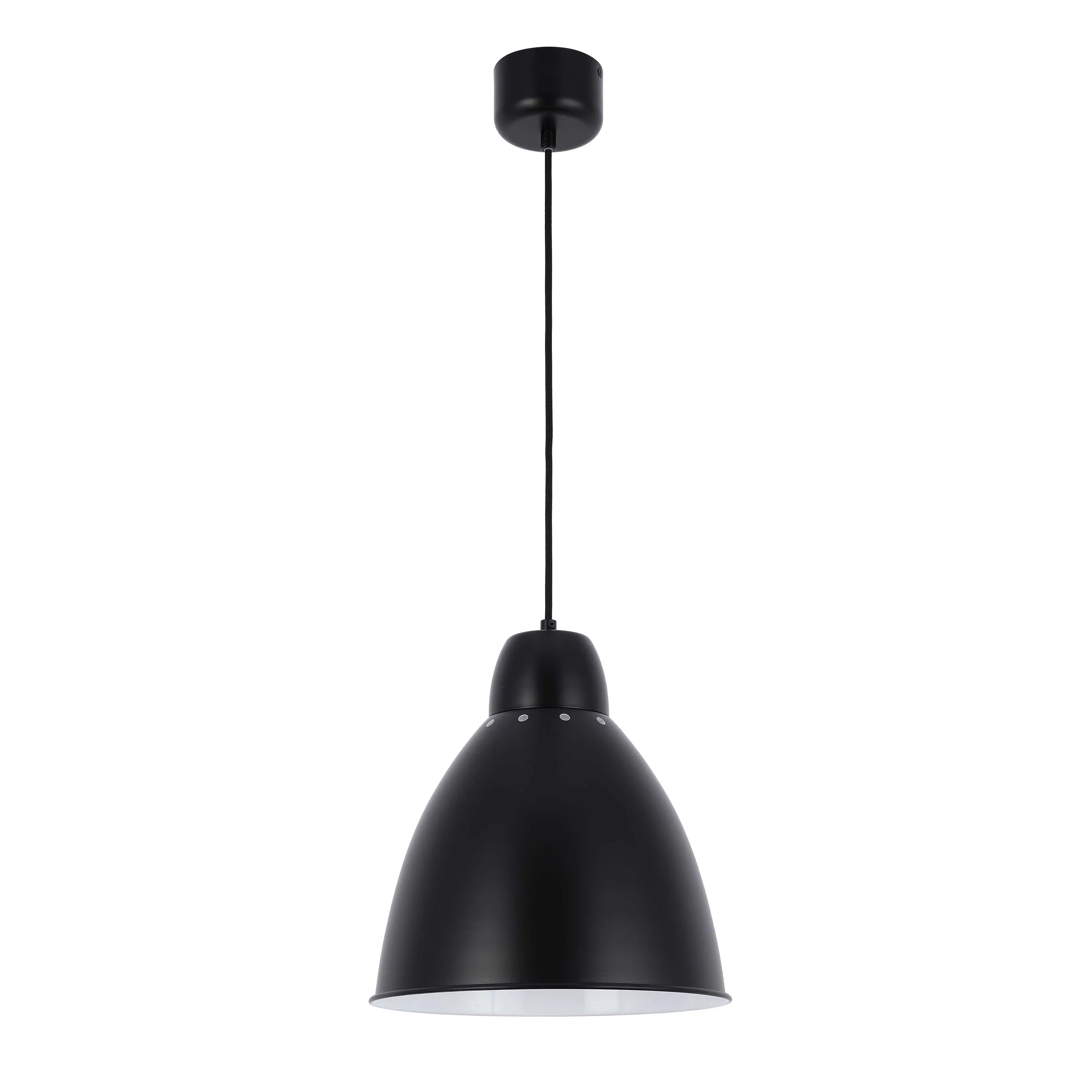 A sleek black pendant light with a dome-shaped shade and a minimalist design, ideal for modern interiors.
