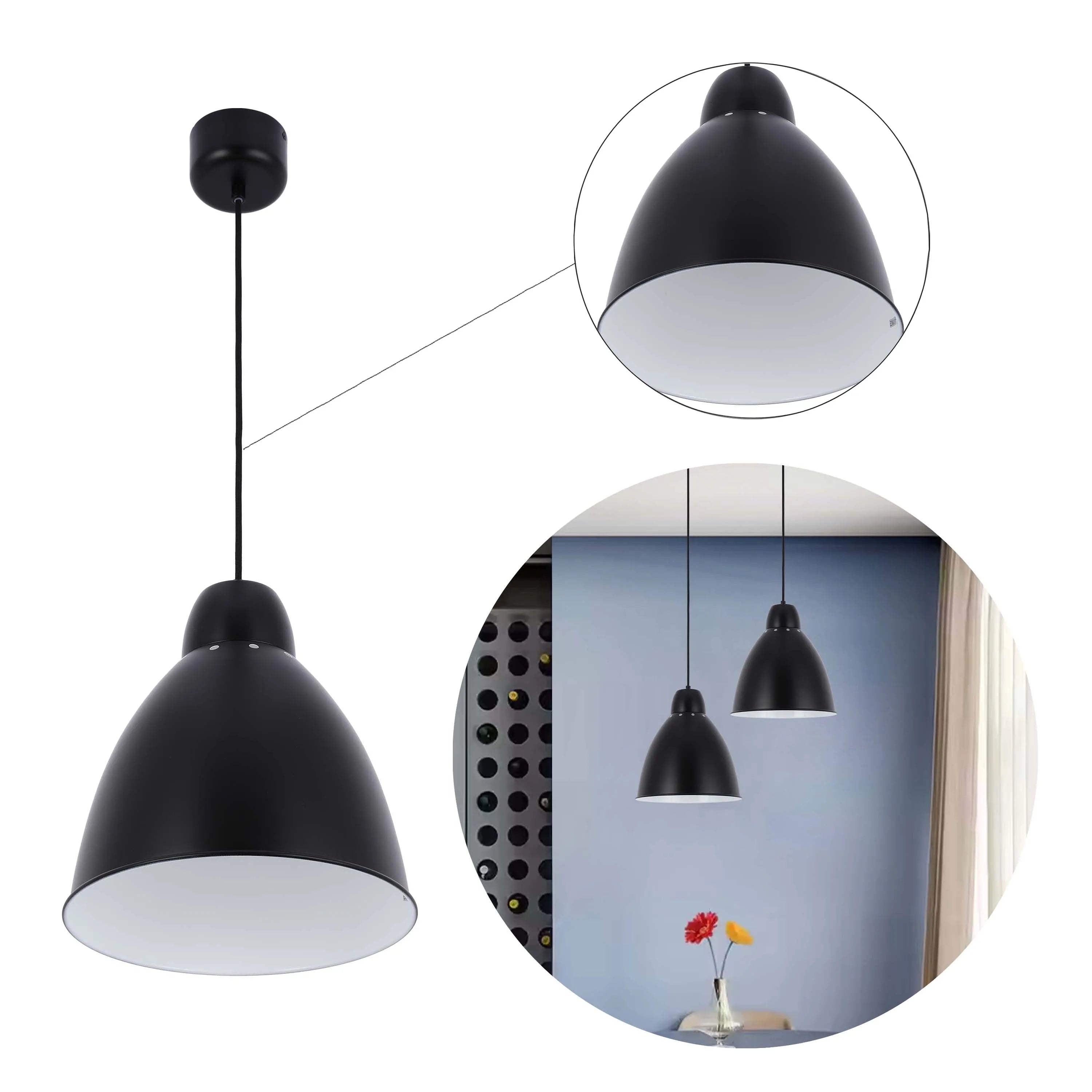 Modern black pendant lights with a white interior provide sleek, stylish illumination. Ideal for contemporary spaces.