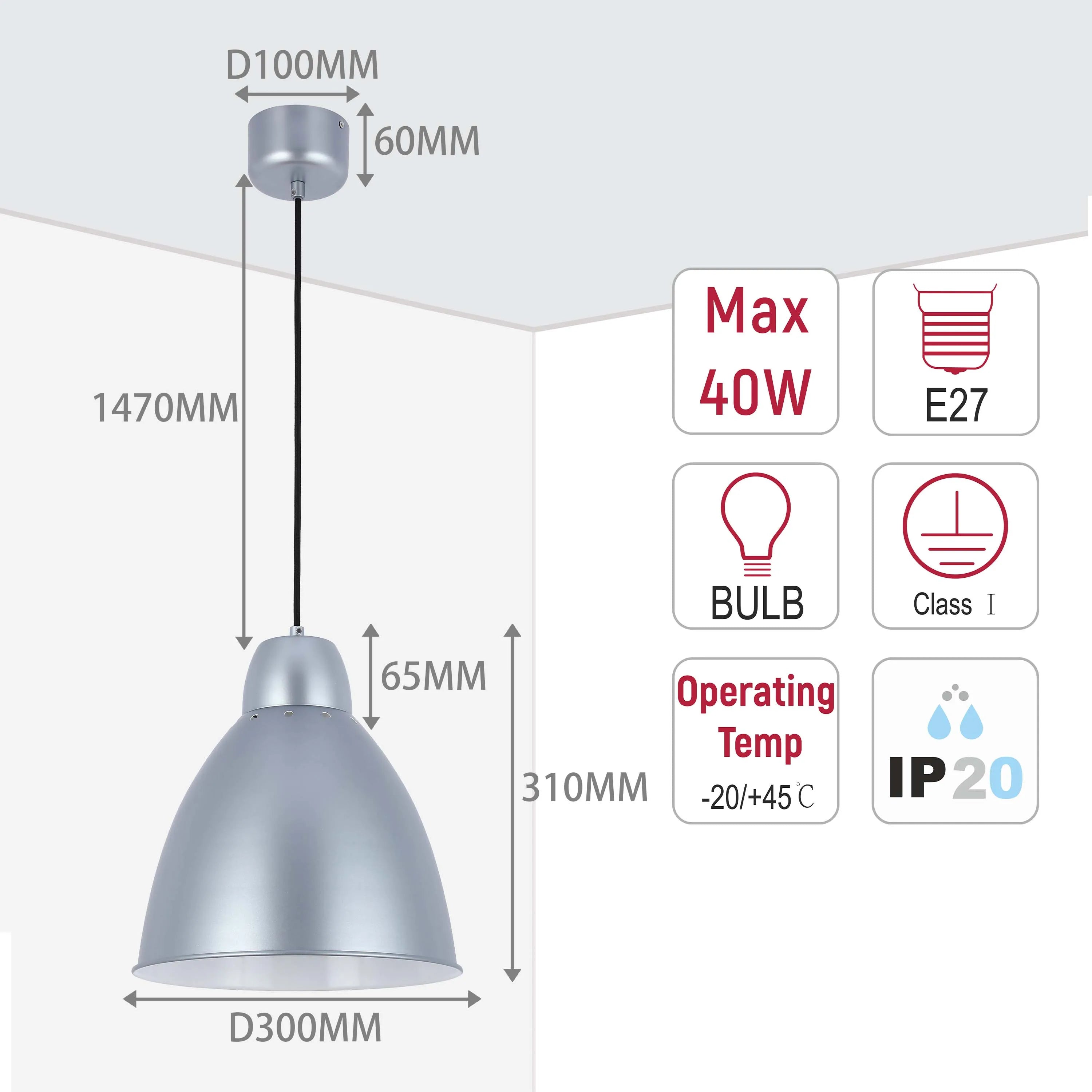 Silver pendant lighting with dimensions listed. Max 40W, E27 bulb fitting, Class I and IP20 rated.