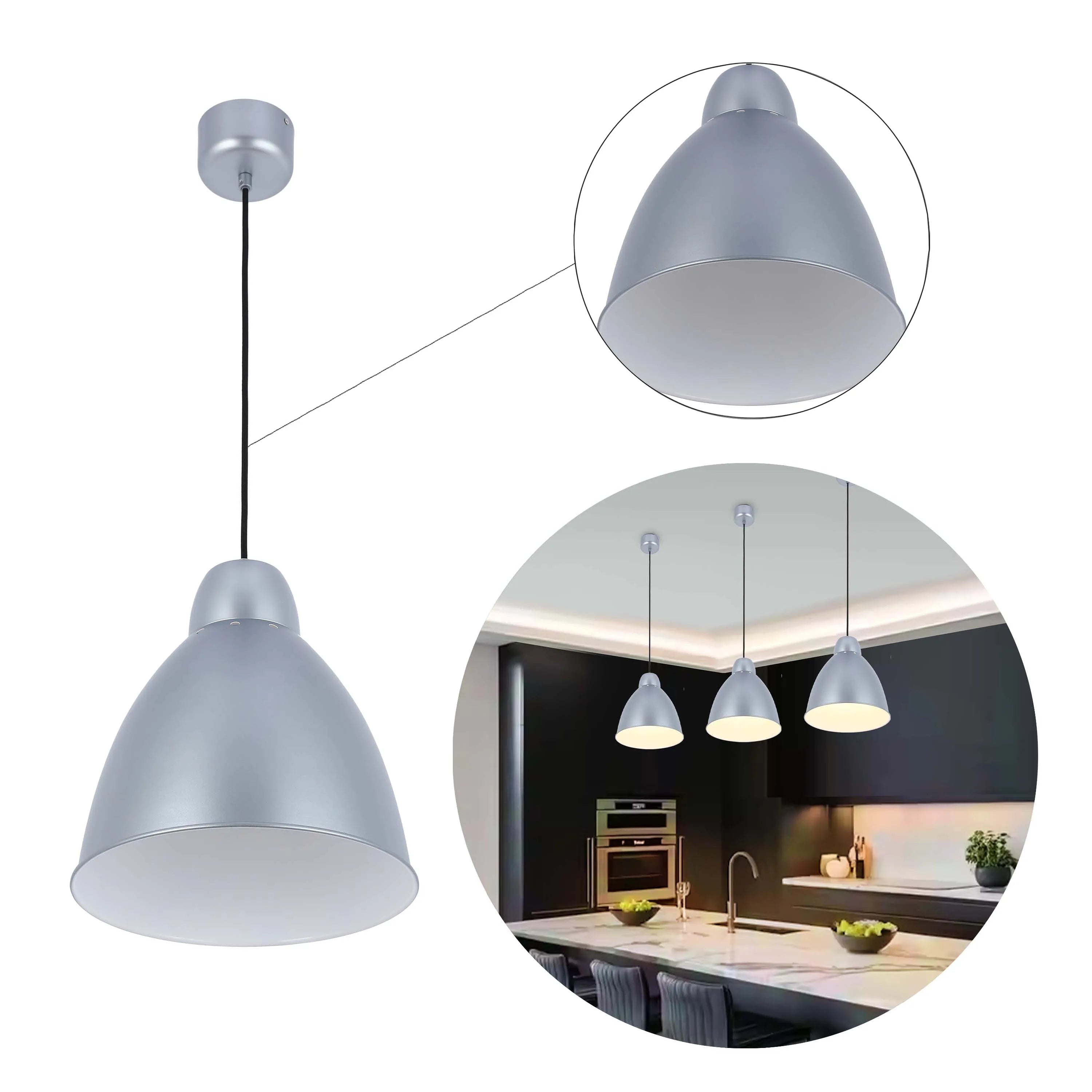 Silver pendant lights. Domed shade, white interior, with a black flex. Multiple pendant lights feature over an island unit.