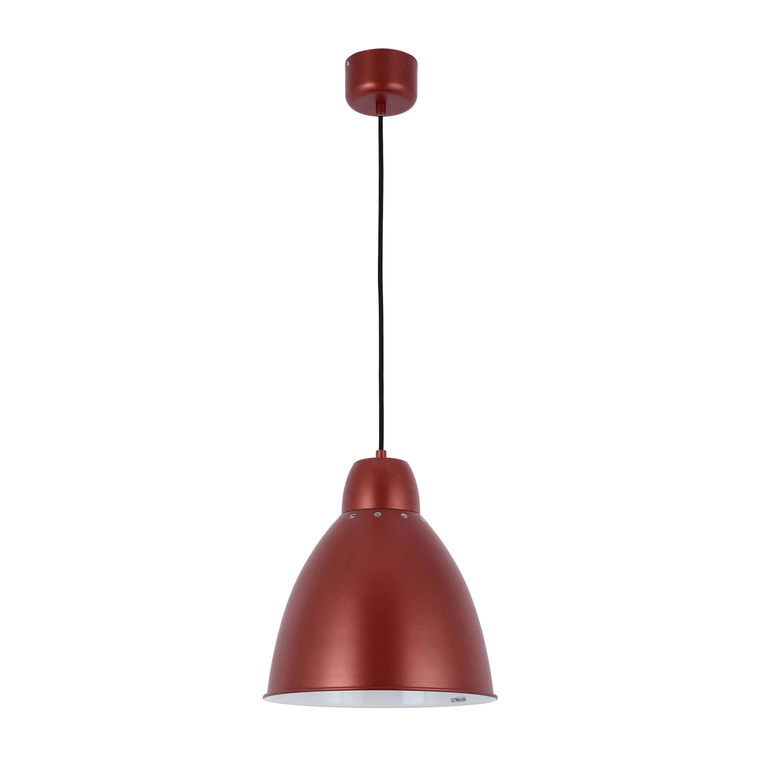 A stylish red pendant light with a dome shade and black cable. Perfect for modern interiors.