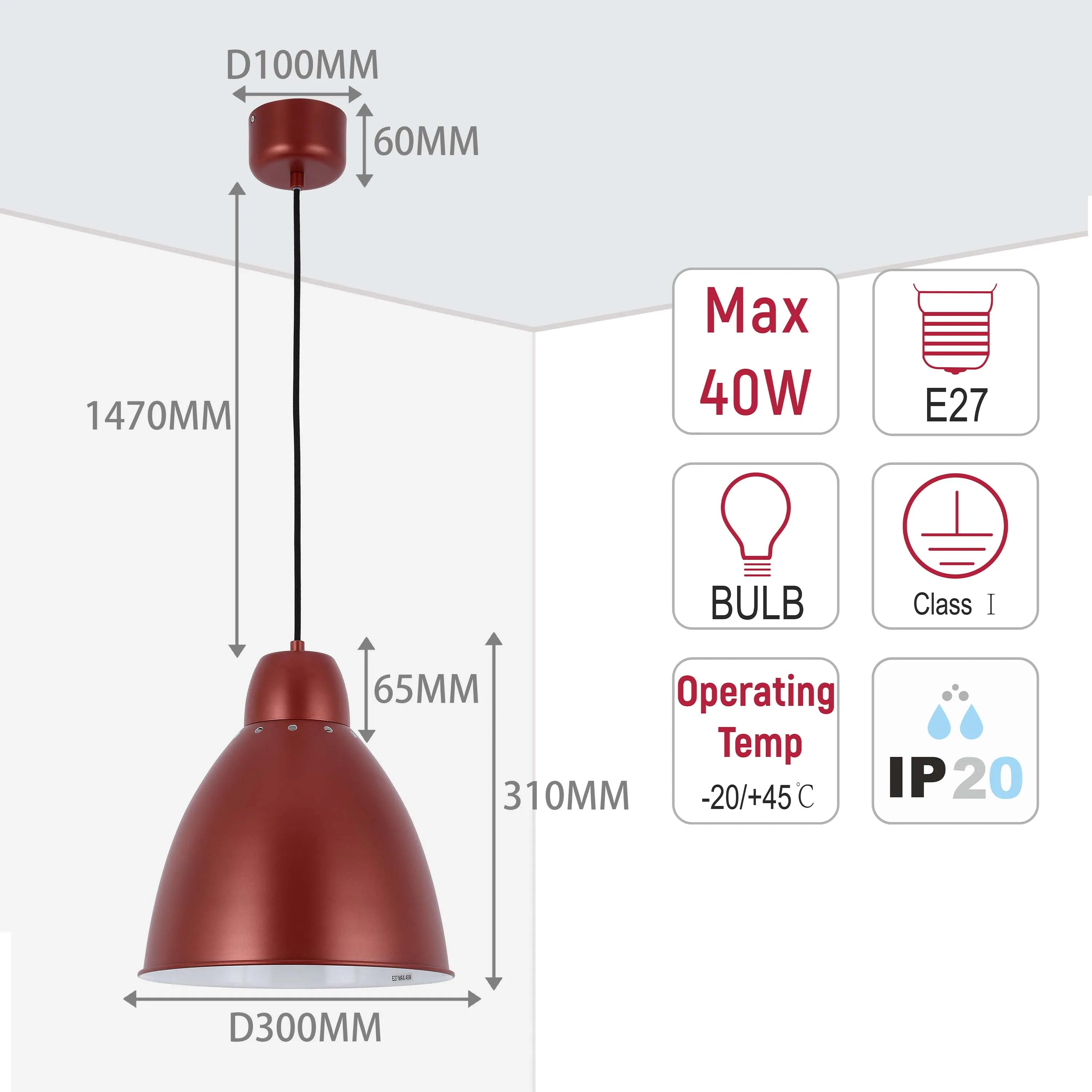 A copper coloured pendant light with adjustable black cable, showing dimensions and IP20 rating.