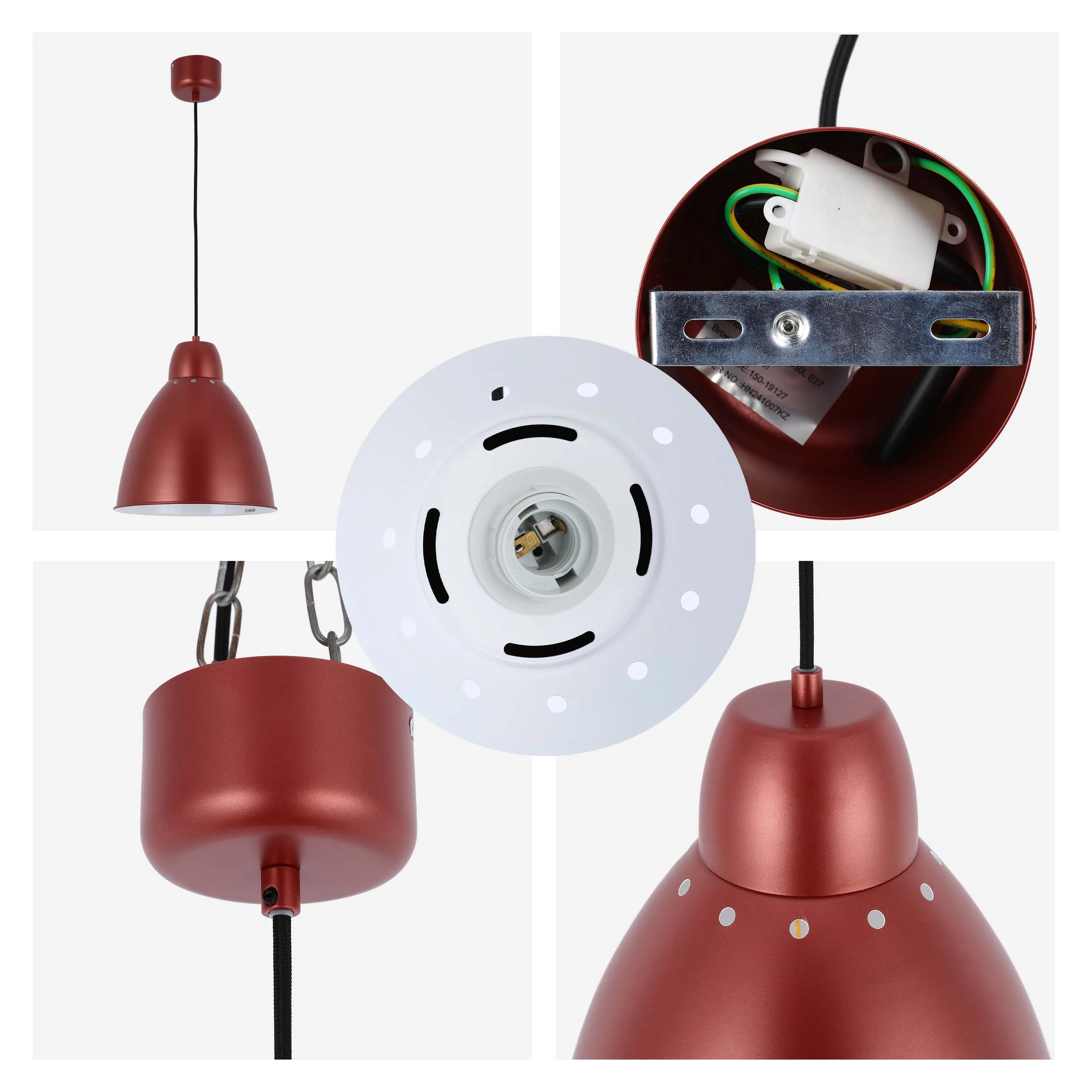 Burgundy ceiling pendant light with a dome-shaped shade and white interior. The light has a sleek, modern design.