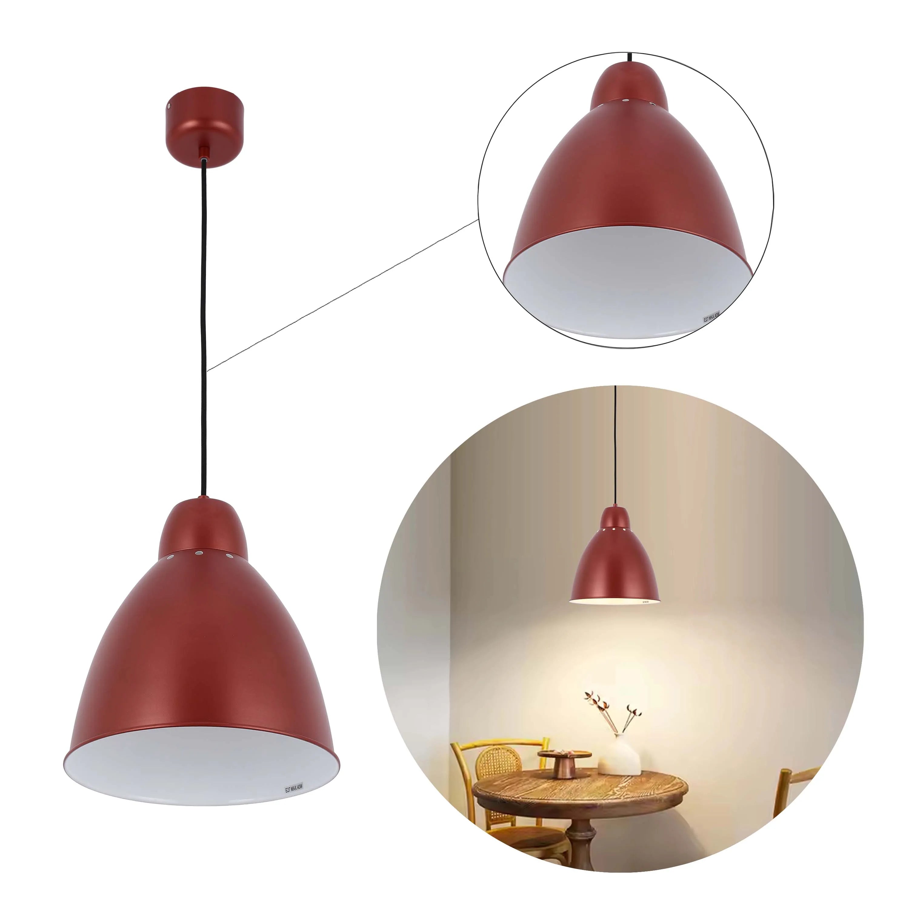A rusty-red pendant light with a white interior is on display, also a dining room scene showing the same light.