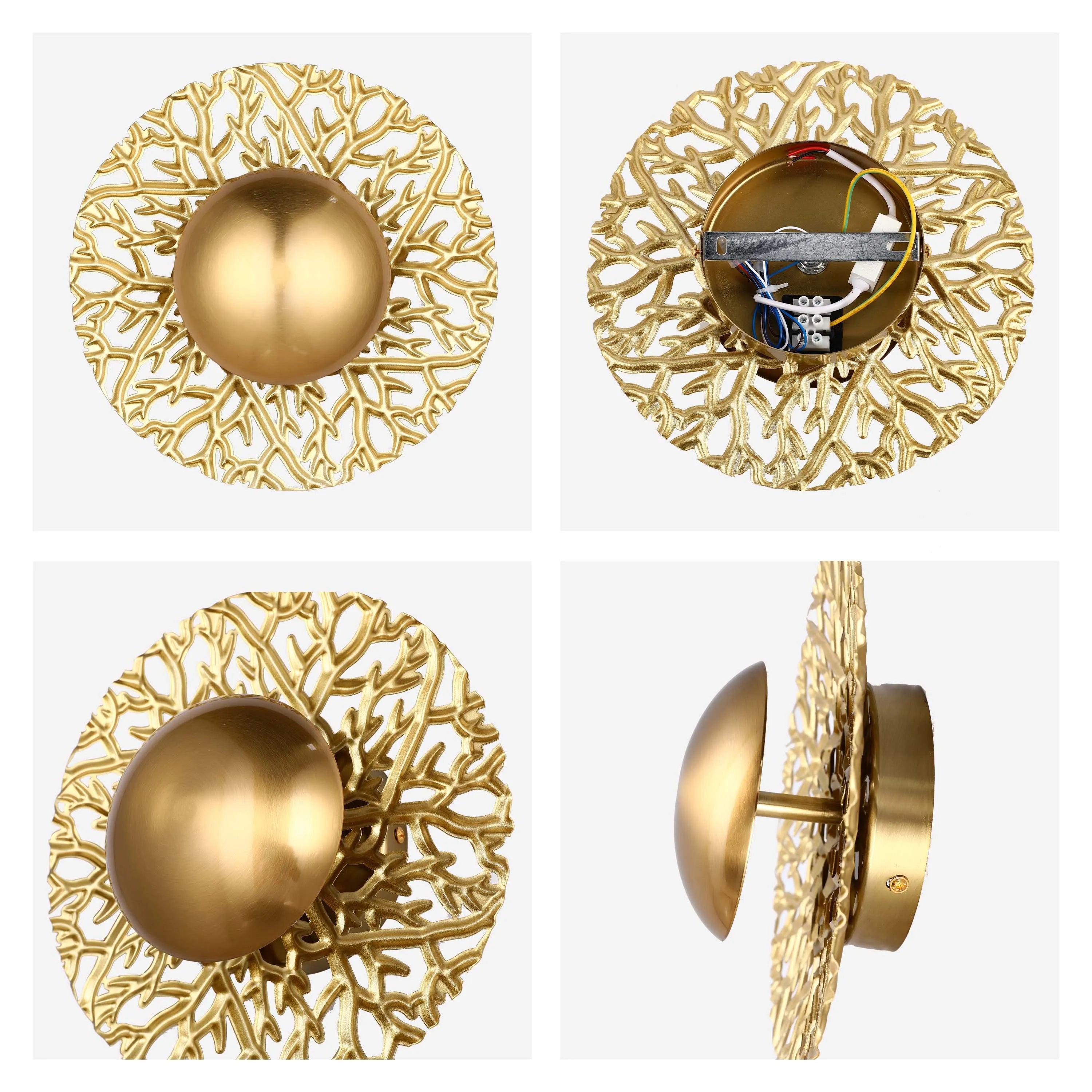 A modern gold wall light fixture with a circular coral design and a half-sphere shade. Unique and stylish lighting for a contemporary interior.