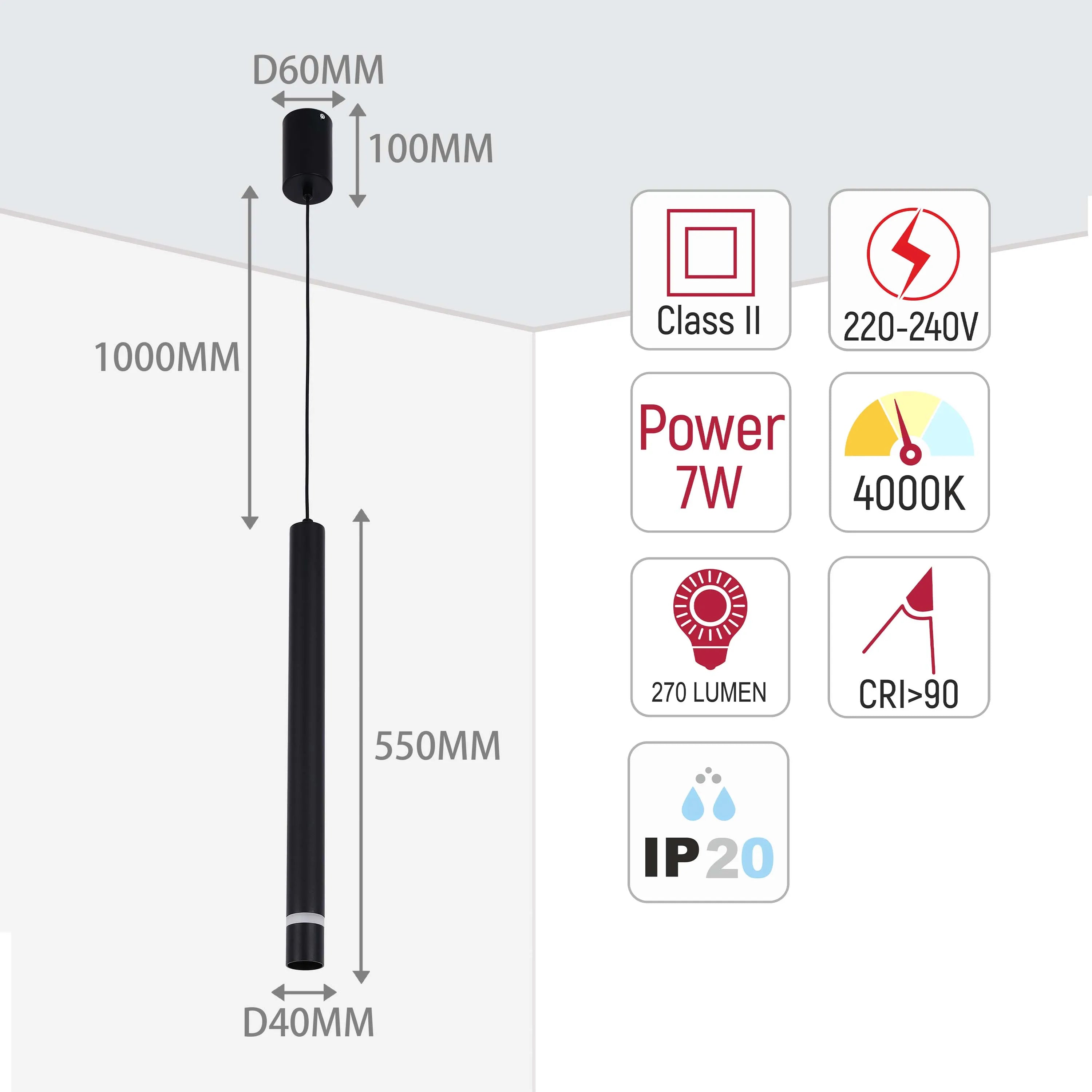 Technical diagram of a cylindrical pendant light. Includes dimensions, power rating (7W), lumens, and colour temperature (4000K).
