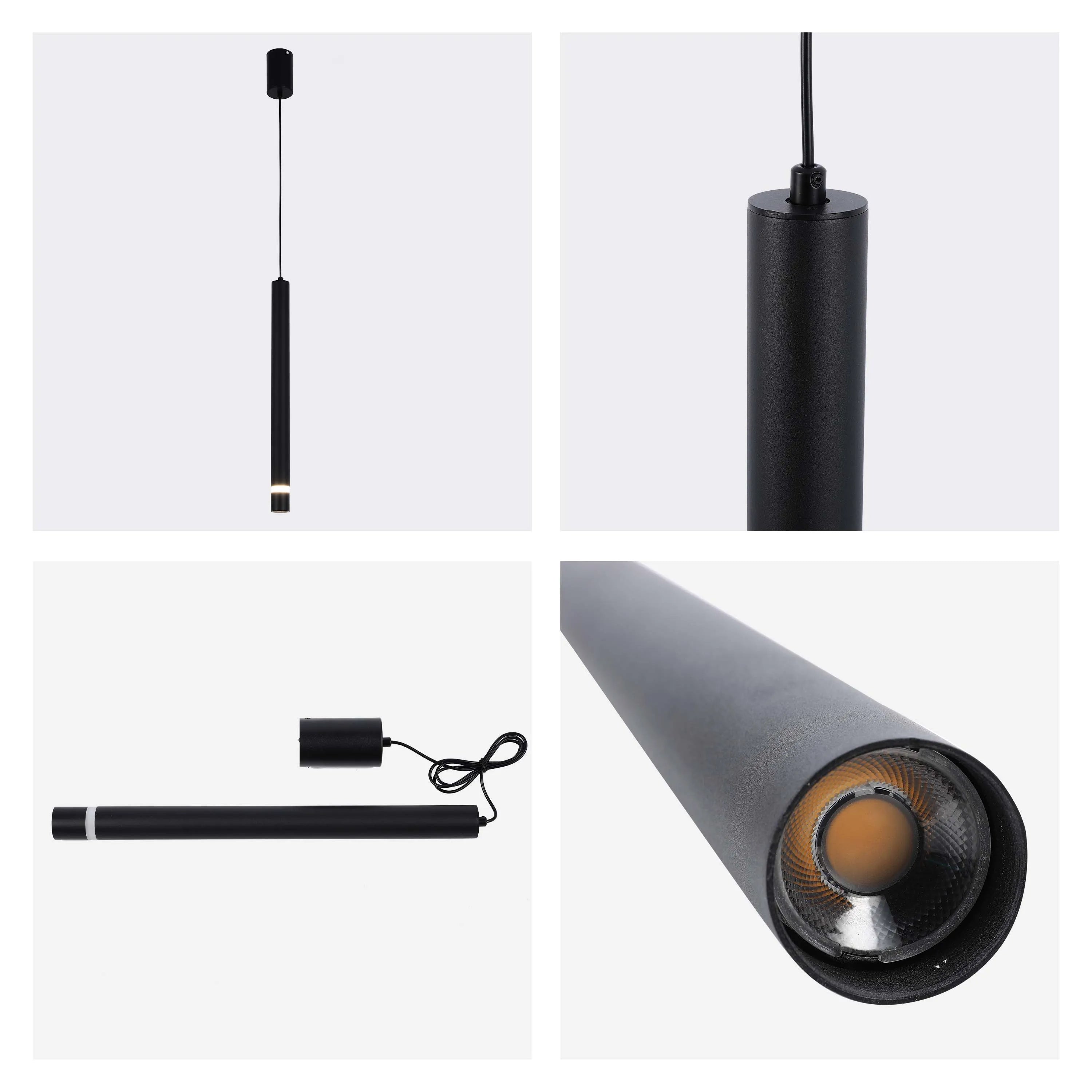 A sleek, modern pendant light with a cylindrical design, perfect for contemporary interiors.