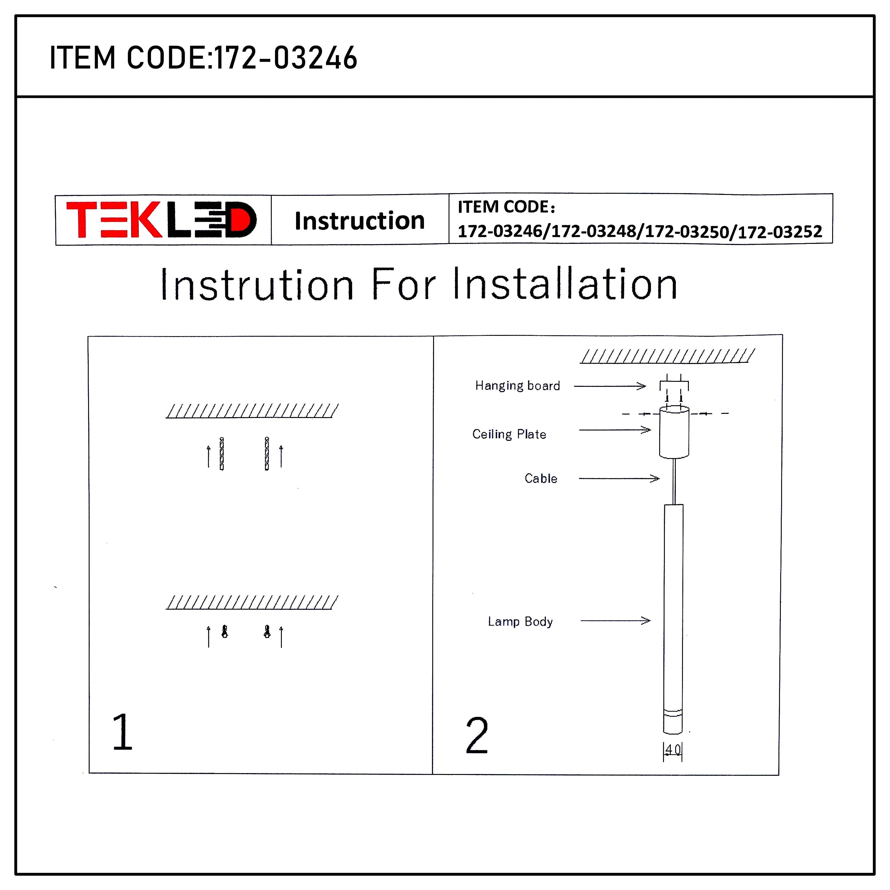 A diagram illustrates a lamp installation; parts include hanging board, ceiling plate, cable, and lamp body.