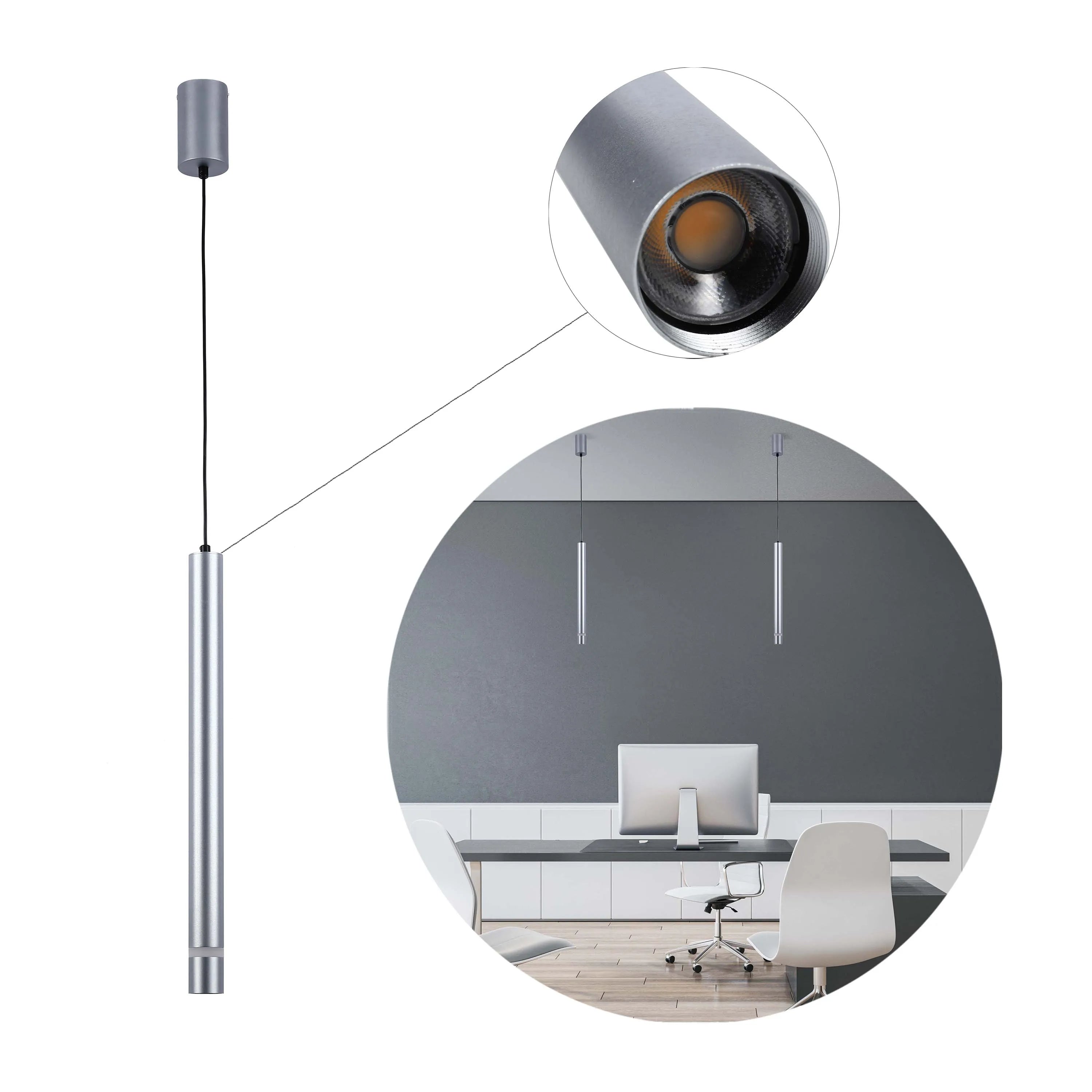 Modern, sleek pendant lighting, chrome with a black cord. Interior design including a study area and modern office chair.