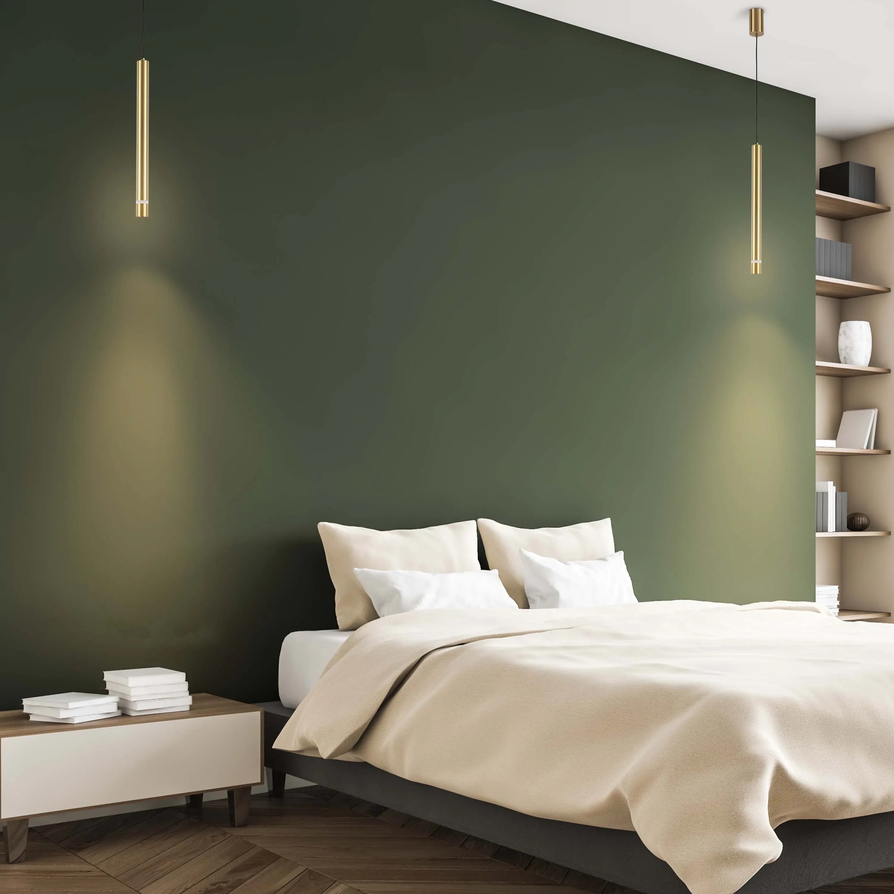 Stylish bedroom lighting featuring two pendant lights. Their warm glow contrasts the dark green wall and complements the neutral bedding.