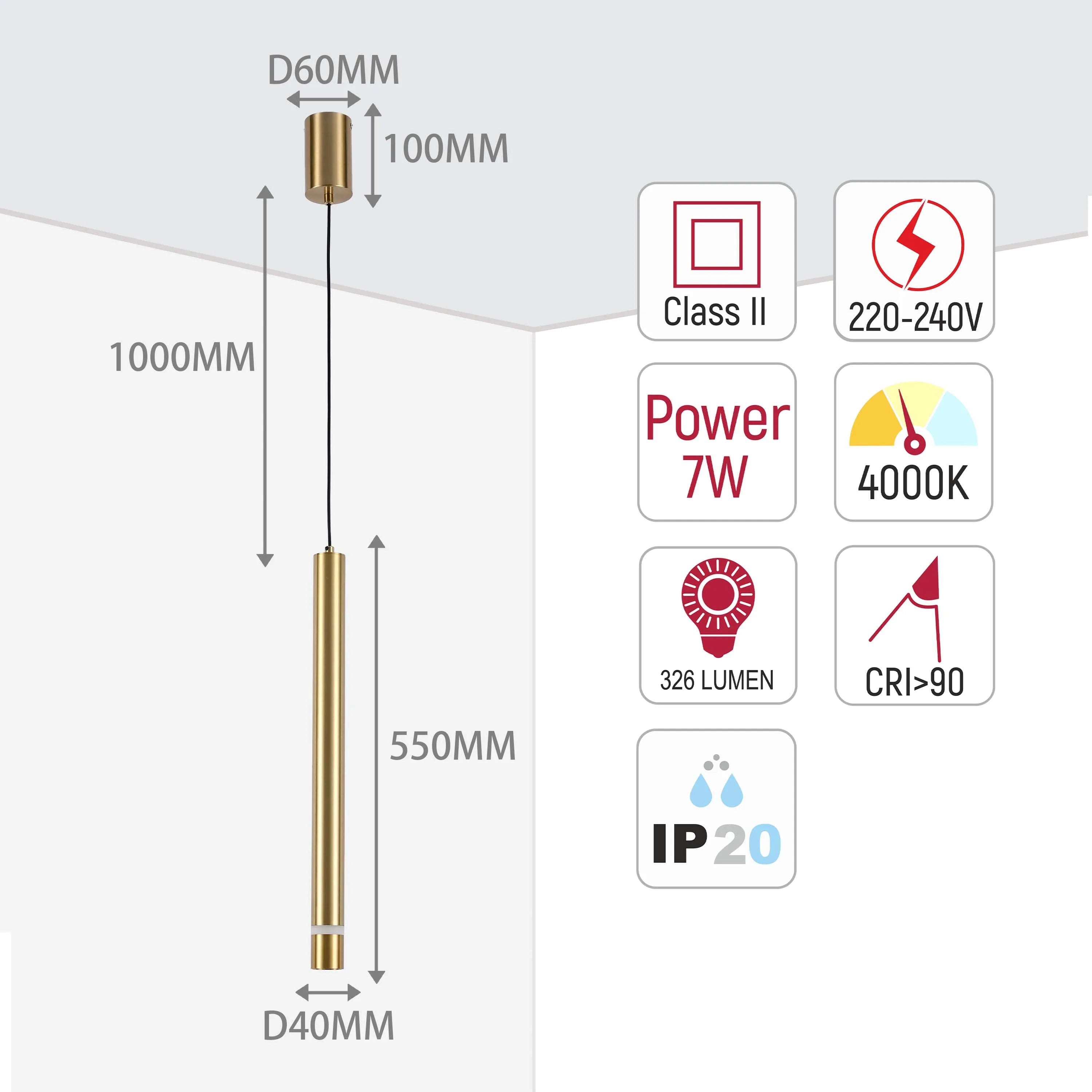 A stylish pendant light showcasing dimensions & technical details, including 7W power & 4000K colour temperature.