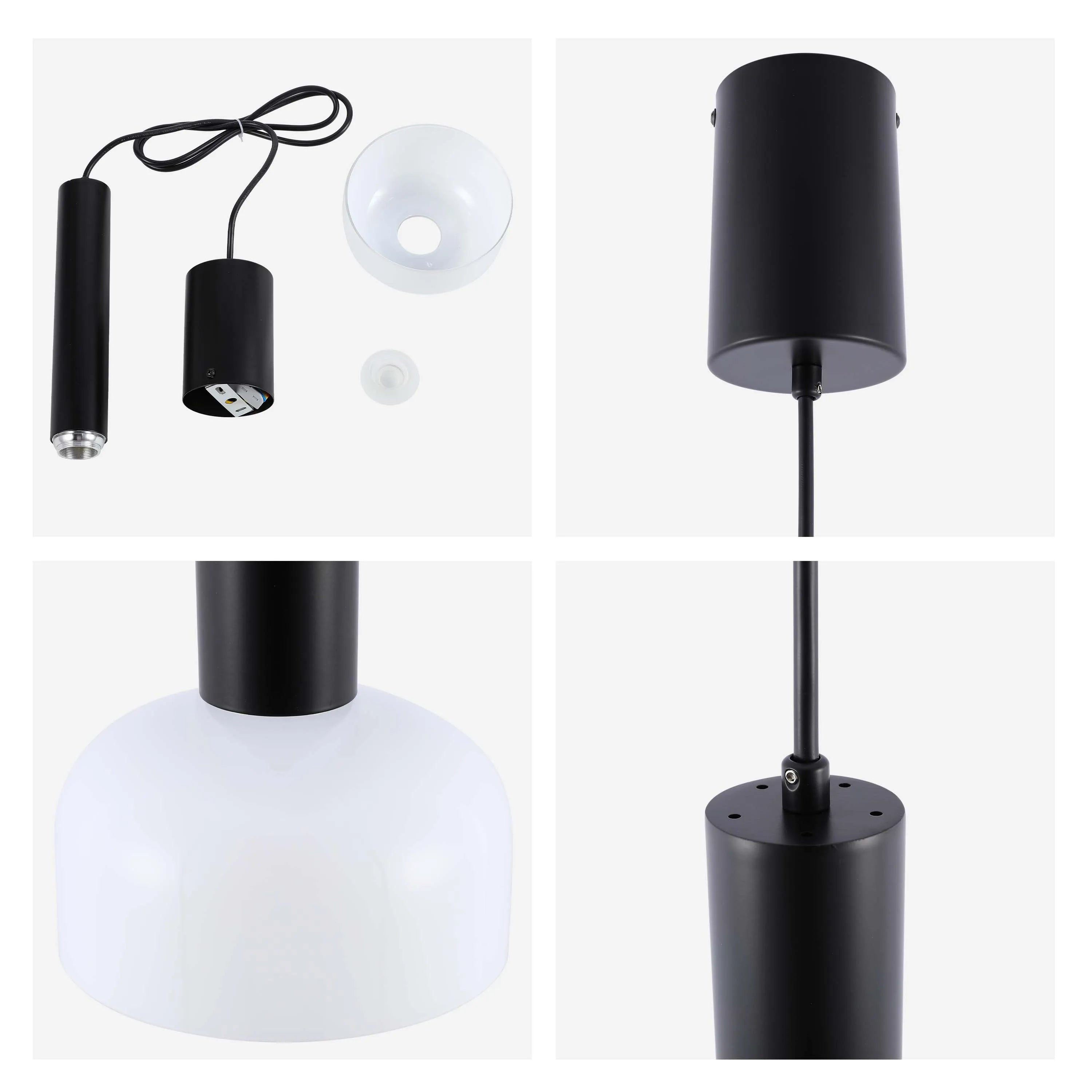 A matte black pendant light is showcased in four cropped views, displaying its cylindrical shape and opaque white diffuser.