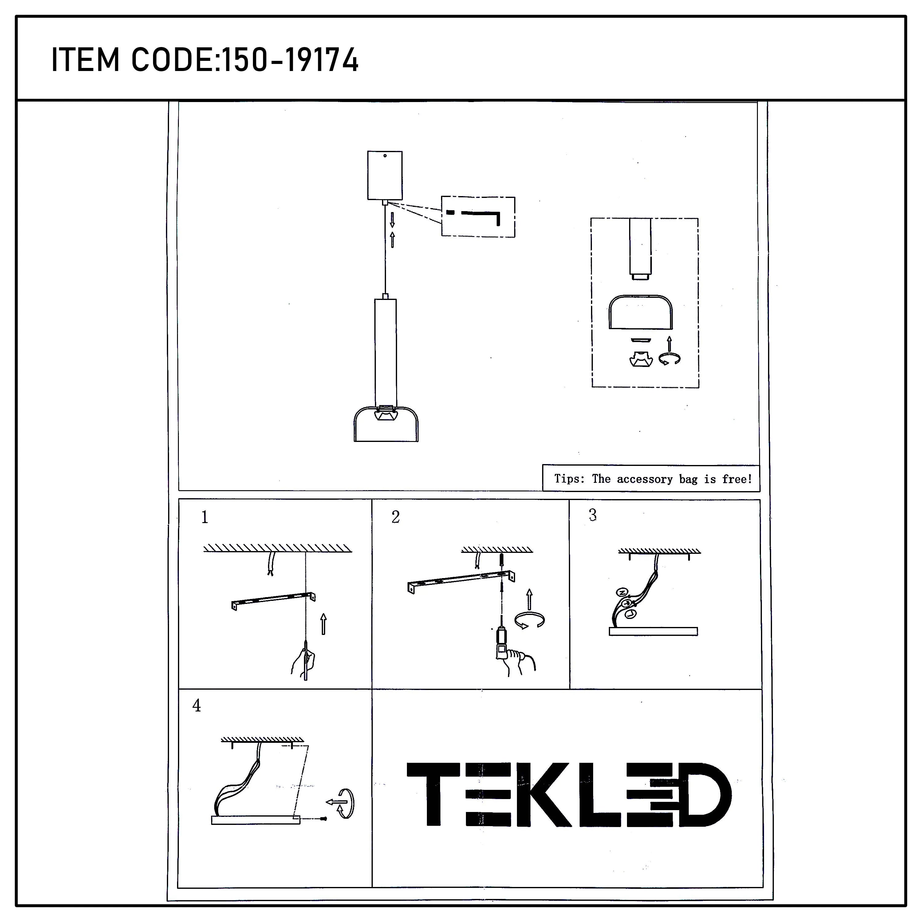 An instructional diagram for installing the Tekled suspension light, with four steps shown in detail.