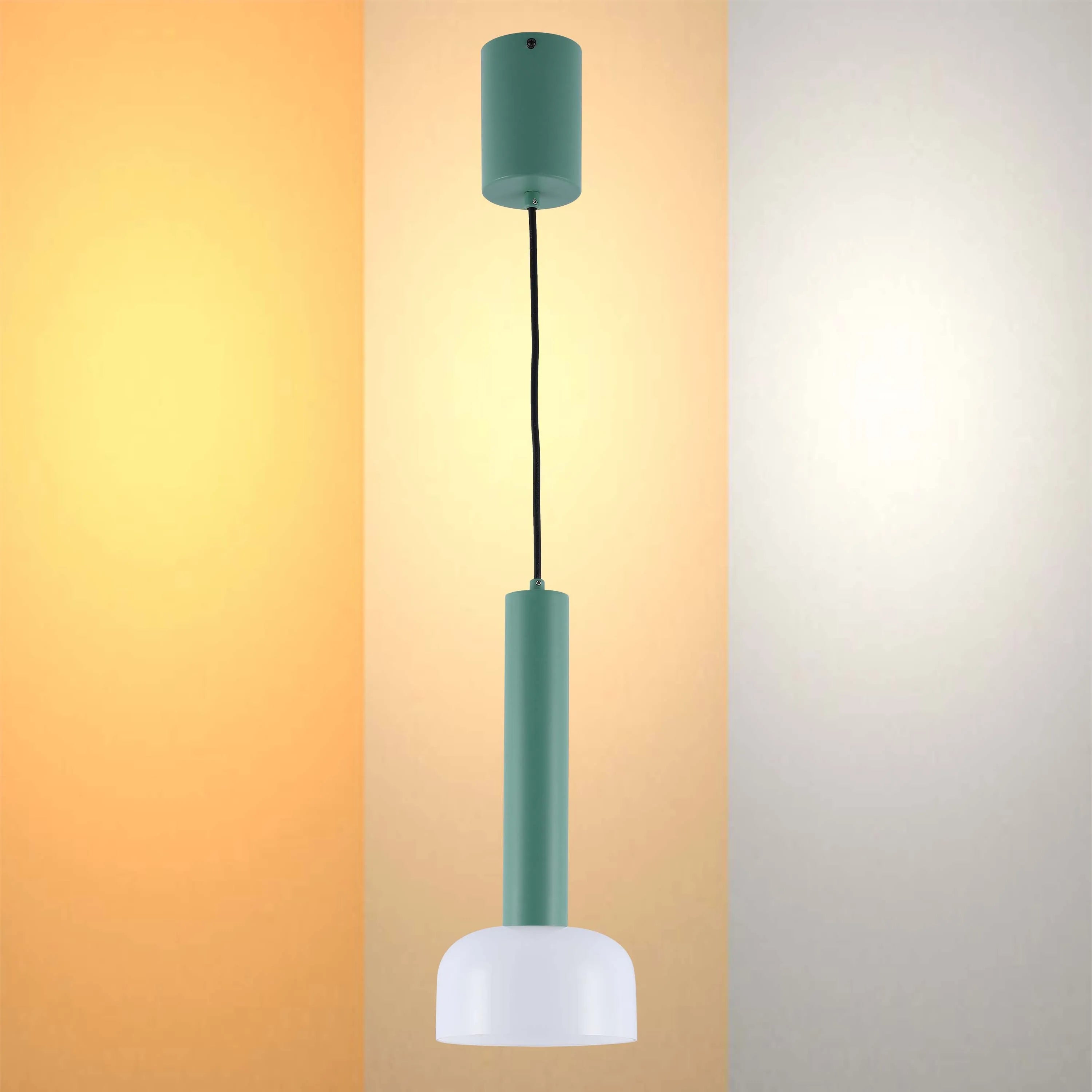 Stylish, modern pendant light with a cylindrical, muted green body and a domed, white shade, suspended by a black cable.