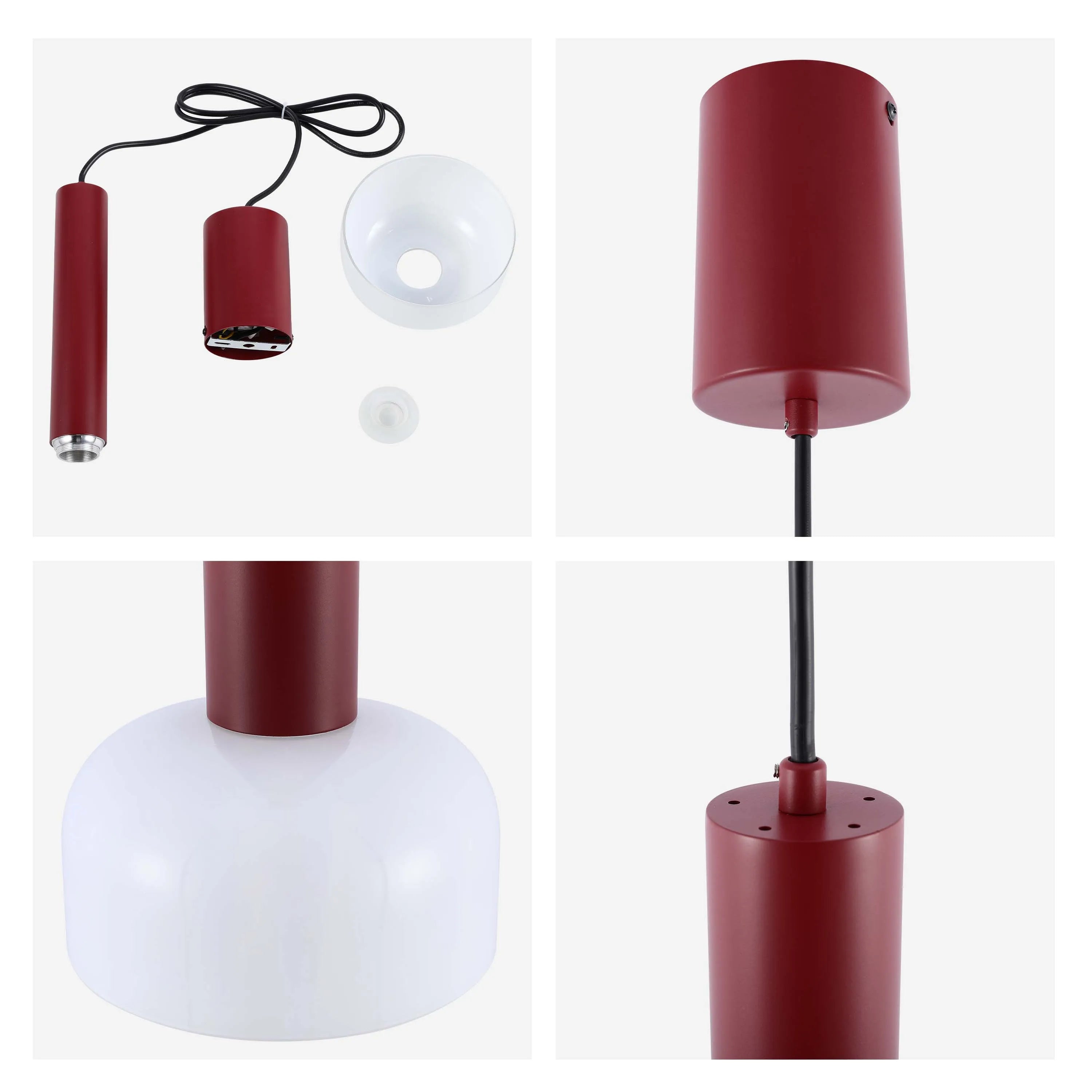 A stylish, minimalist pendant light with a cylindrical, red-toned fixture and a white glass lampshade. Modern and elegant lighting.
