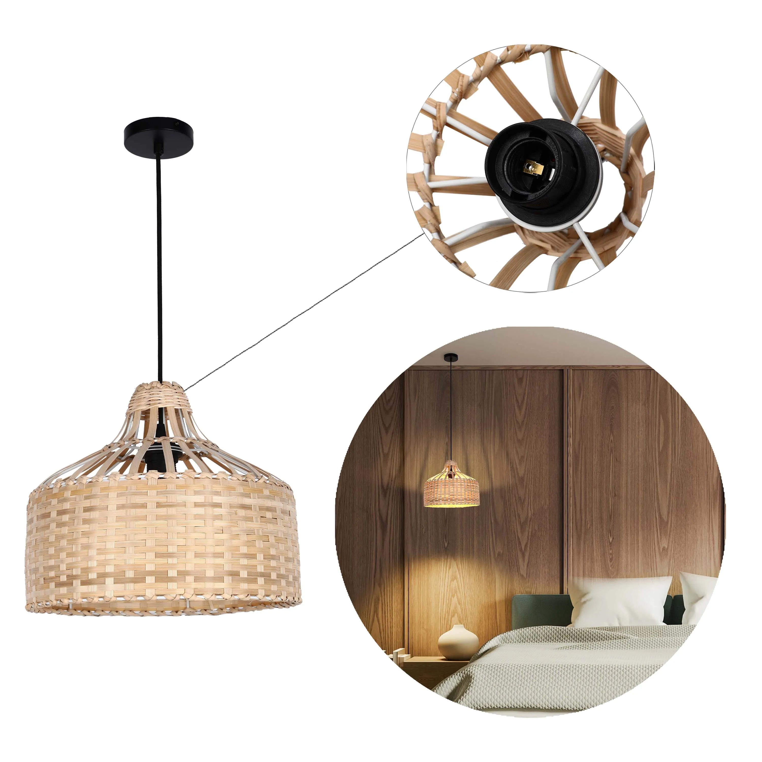 A woven pendant light with a black ceiling rose and a close up of the light bulb socket.