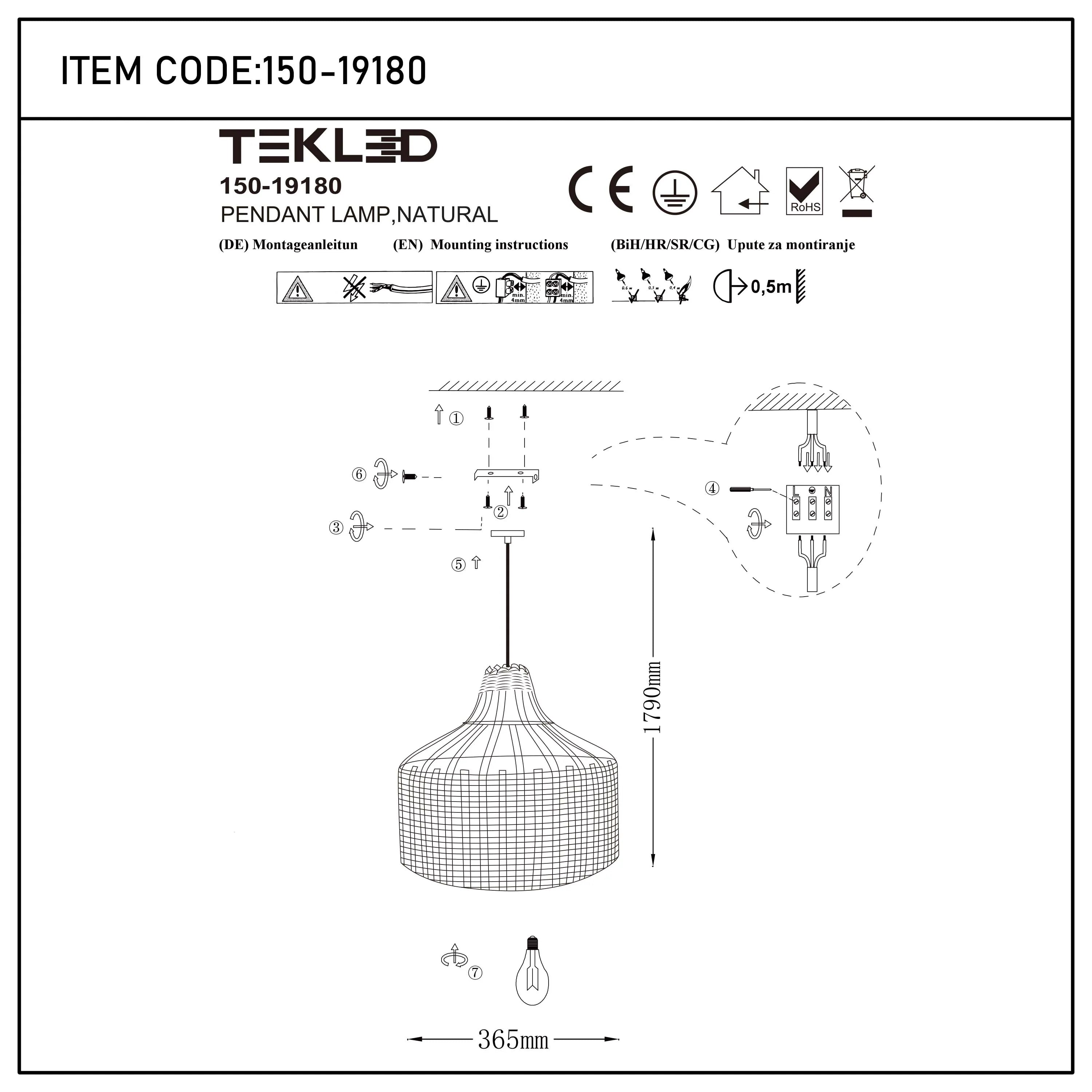 Technical drawing of a pendant light fitting, showing dimensions and assembly instructions.