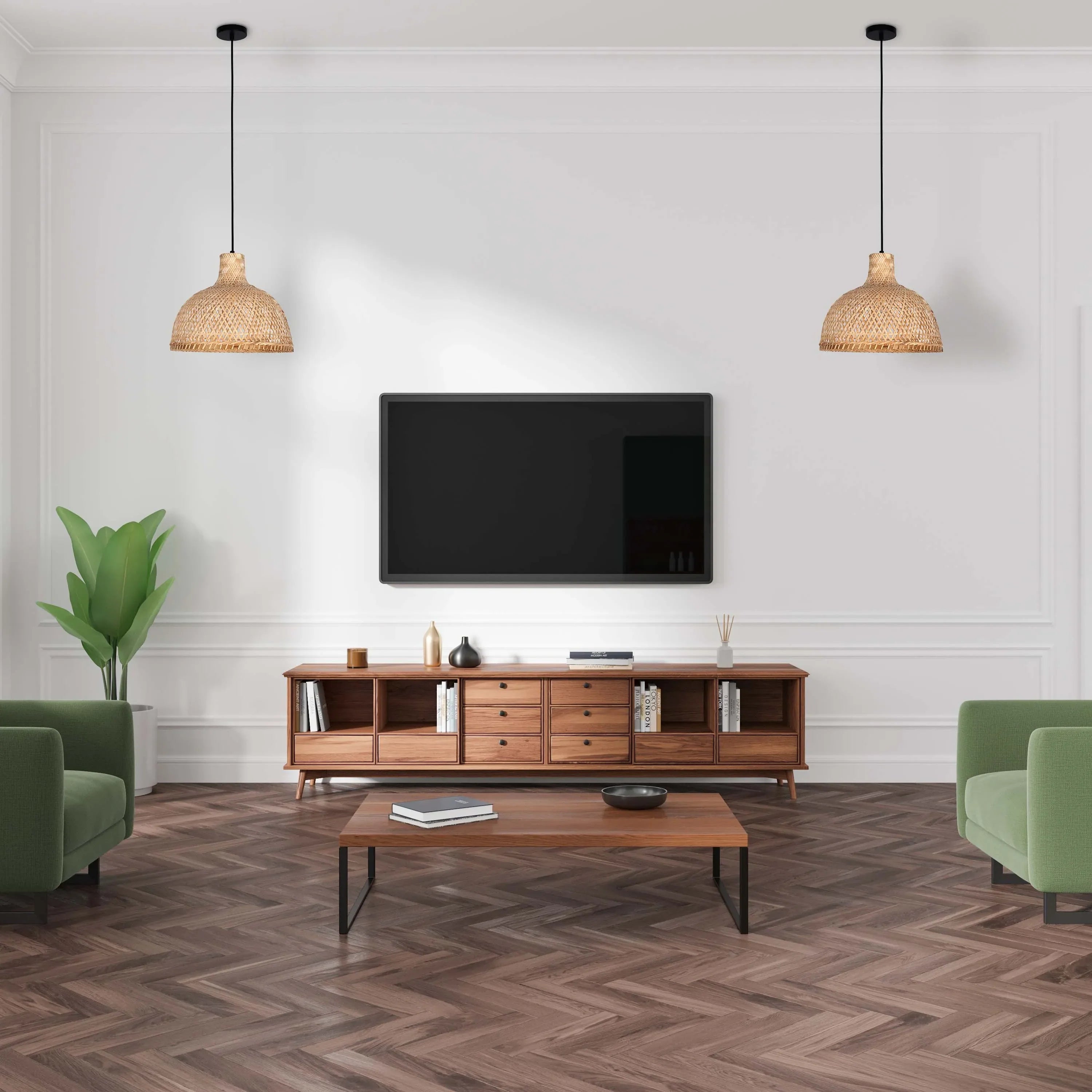 Living room featuring two straw pendant lights hanging from the ceiling, casting a warm, natural light over the stylish setup.