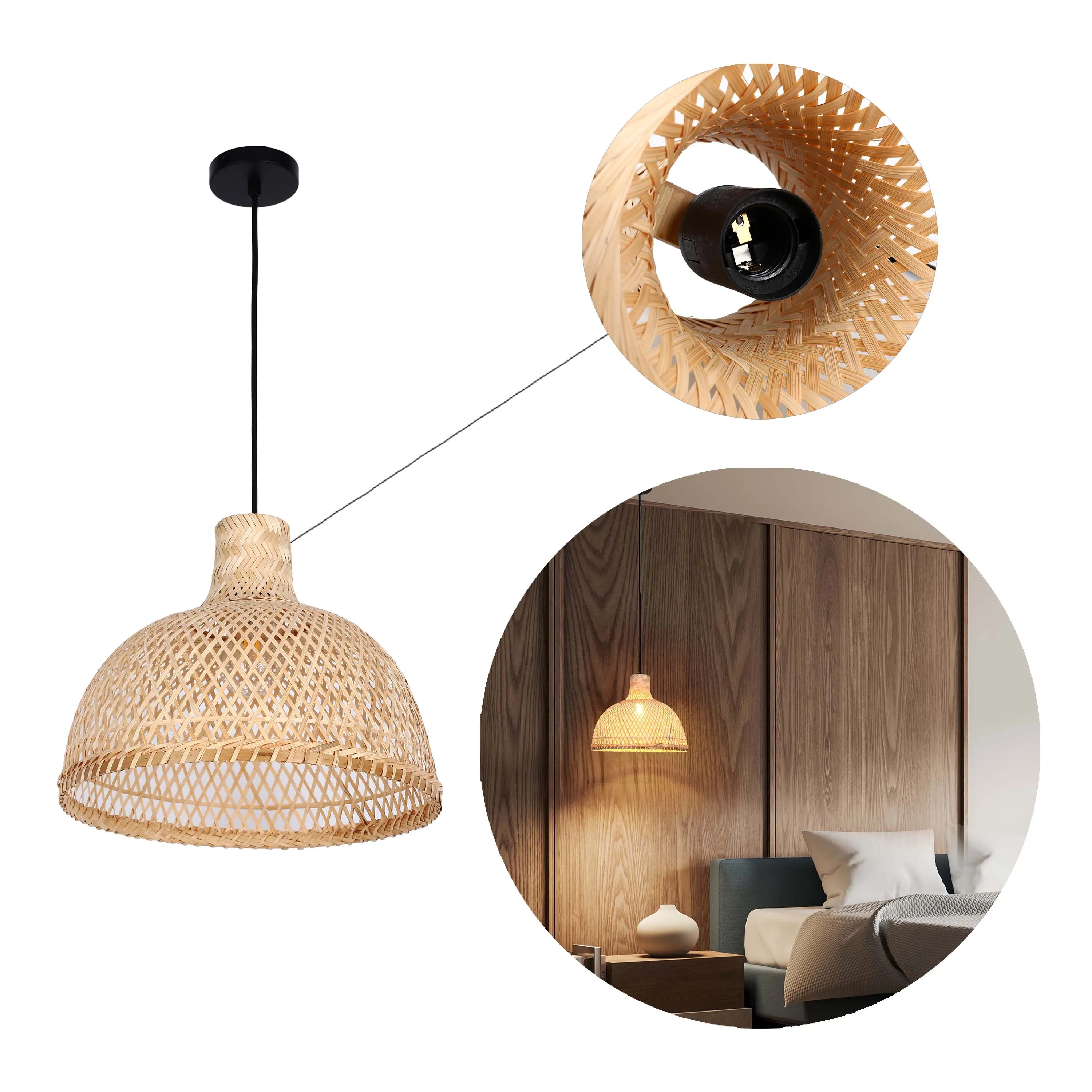 A woven, wicker pendant light with a black ceiling rose, shown in a bedroom setting and close-up.
