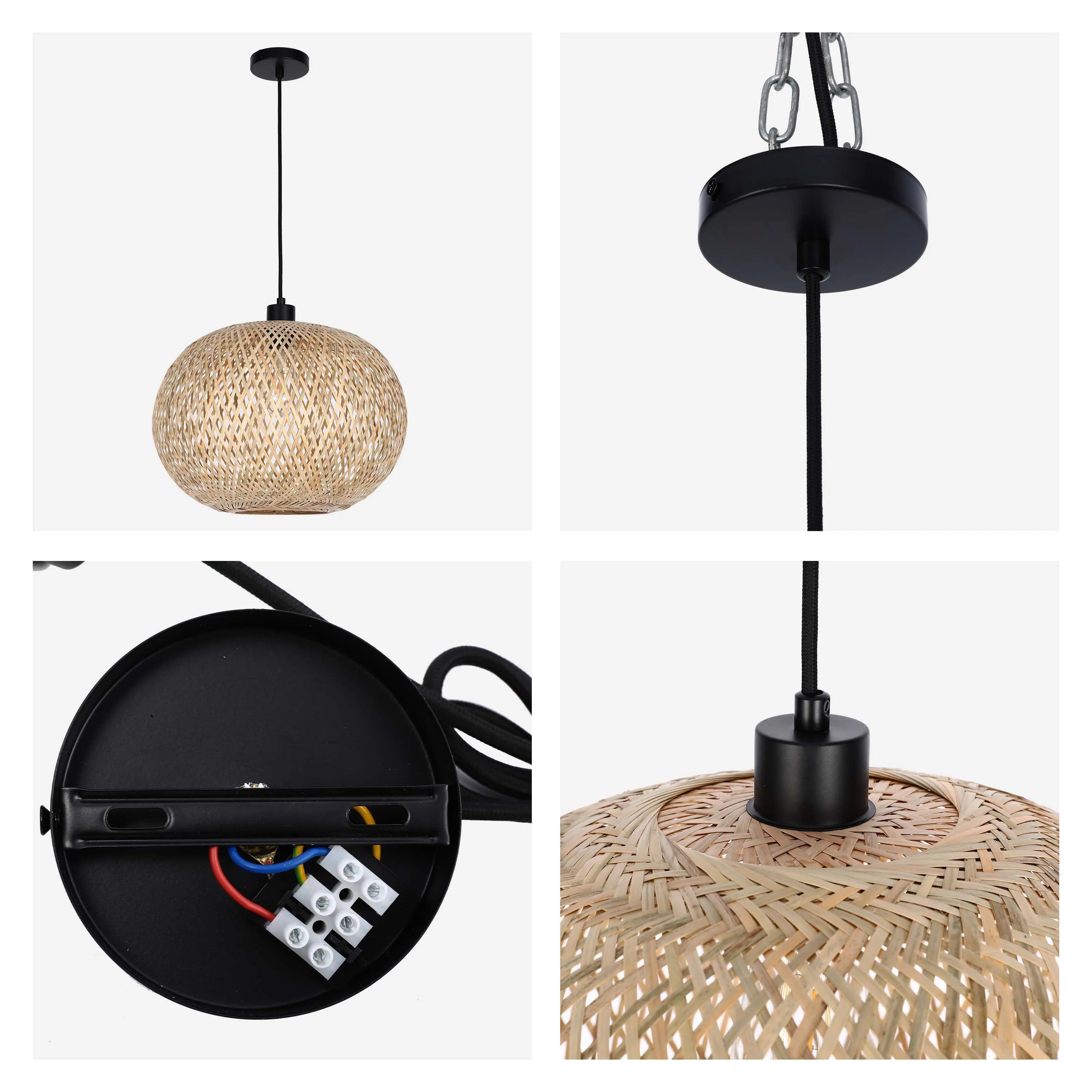 A stylish pendant light with a natural woven shade and black fixture, perfect for adding texture and warmth to any room.