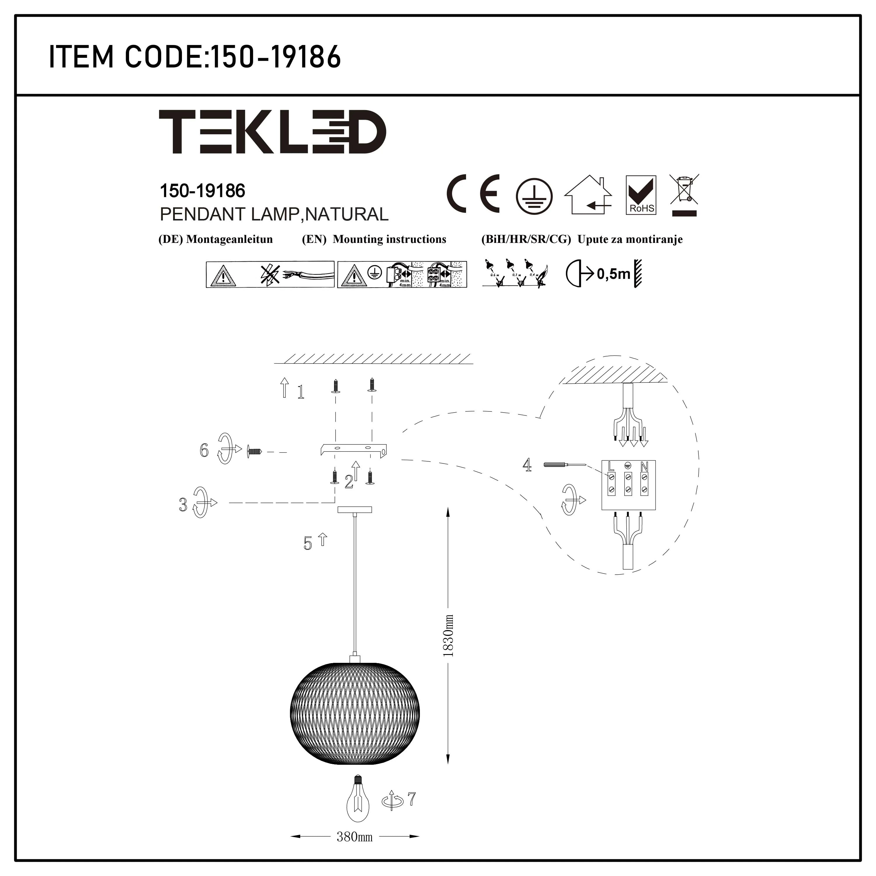A pendant lamp, 150-19186, with installation instructions. The lamp has a natural design and is from the Tekled brand.