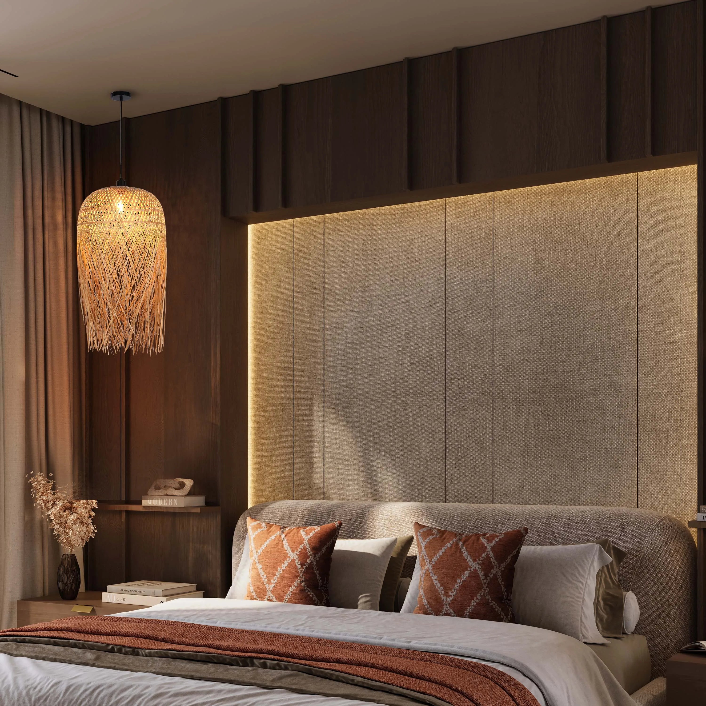 Bedroom showcasing a statement bamboo pendant lamp with soft, warm lighting from bedside lamps and headboard LEDs.