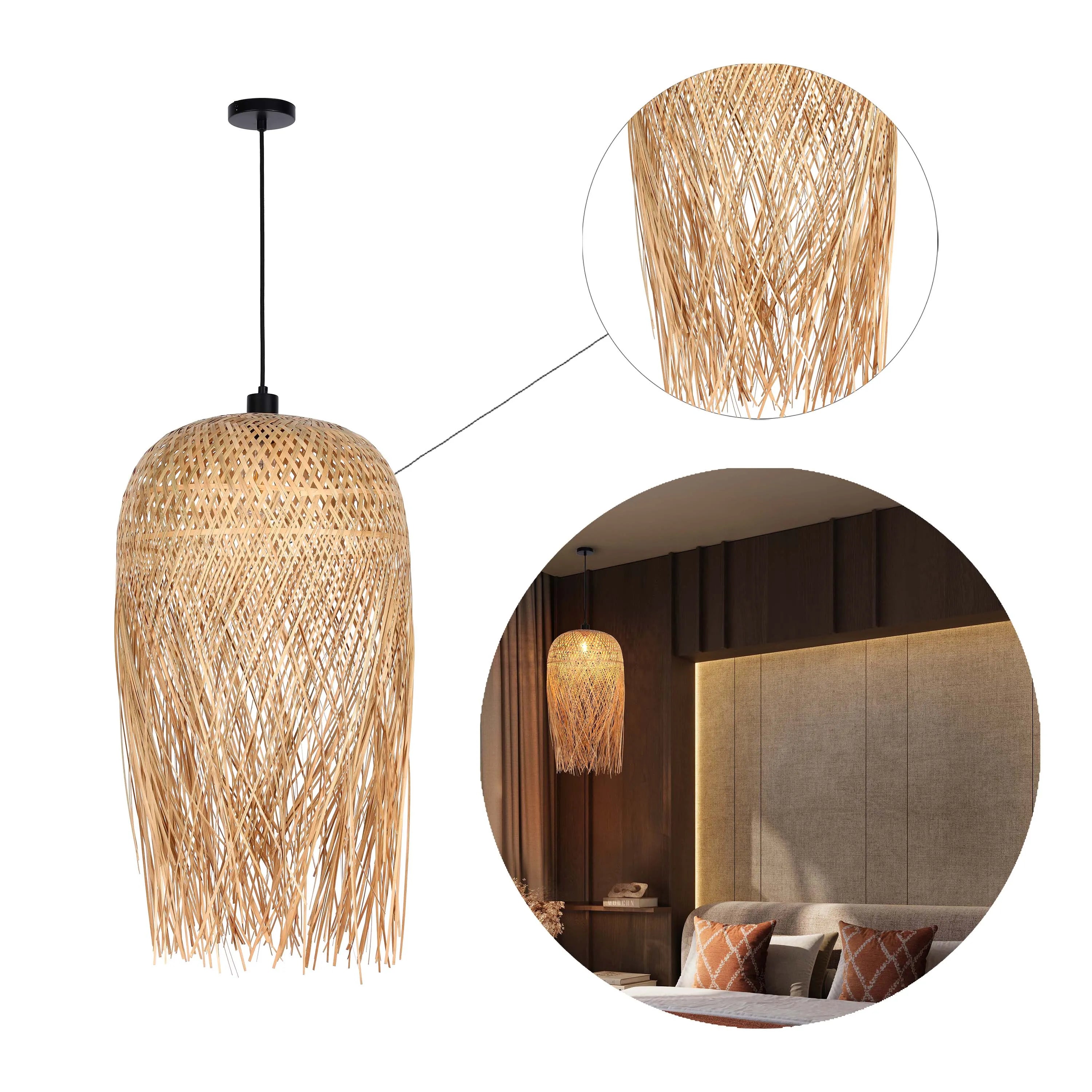 Rattan pendant light with fringe. Detail shots showcase the texture and bedroom placement.
