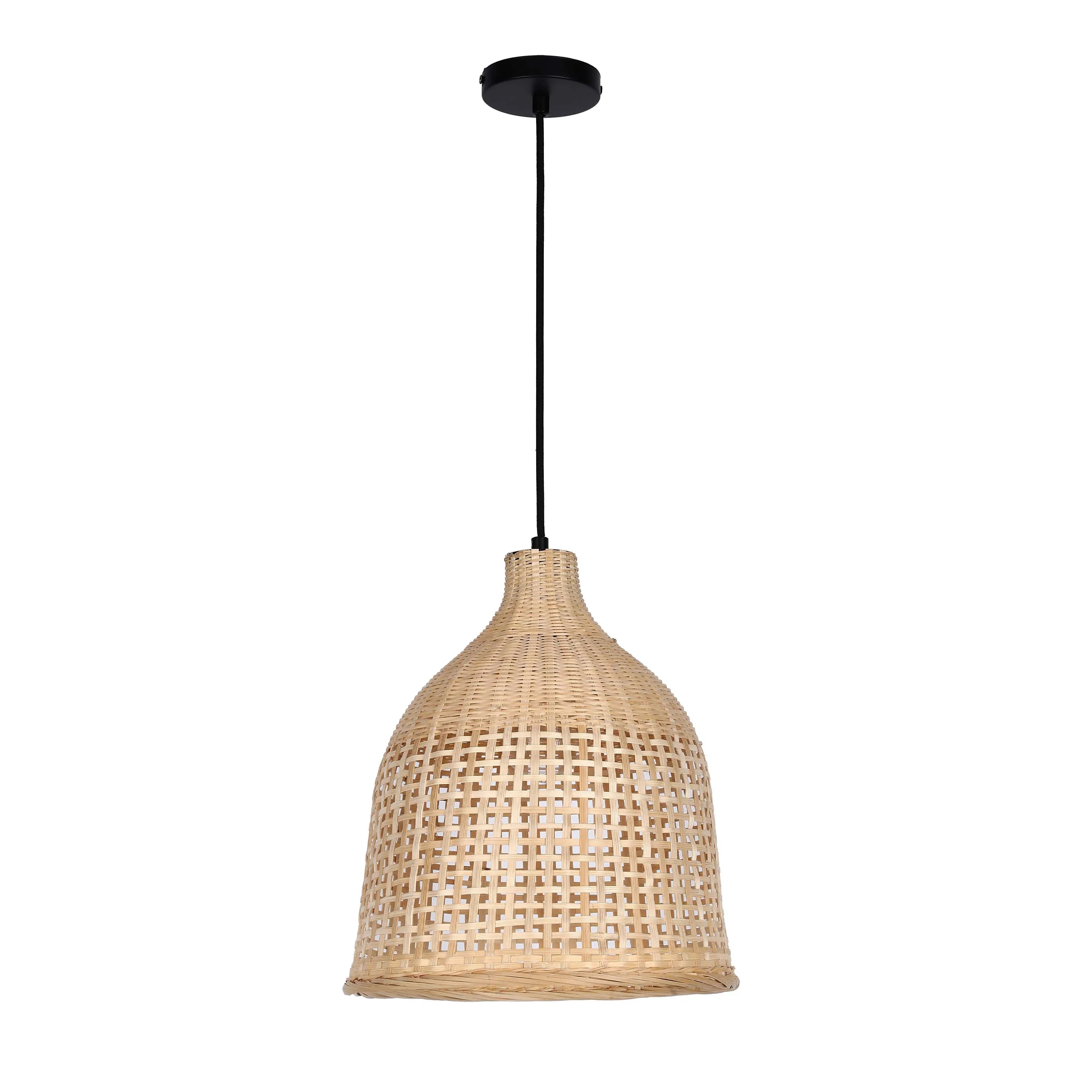 A rattan pendant light hangs from a black cord and ceiling rose, casting a warm glow.
