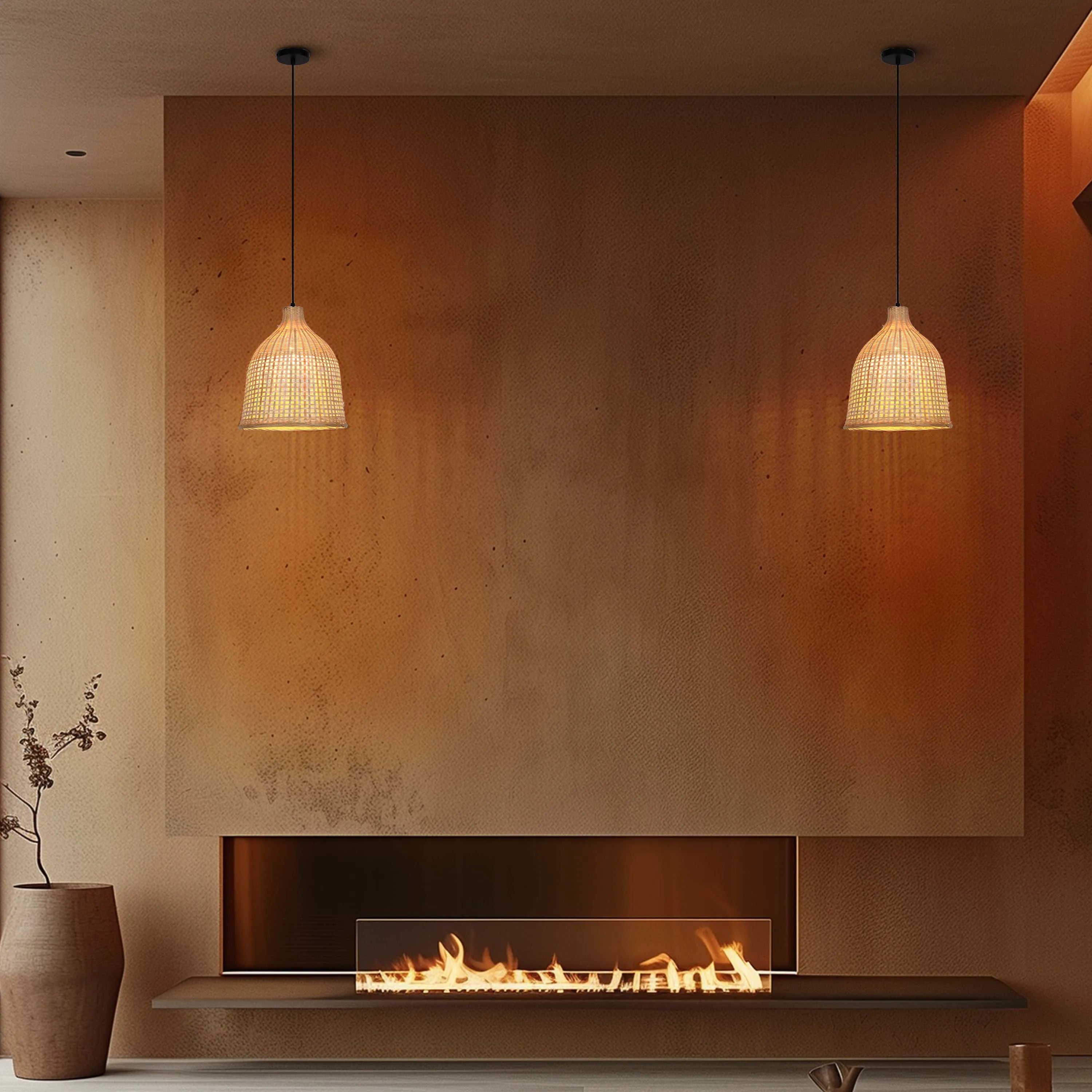 Two woven pendant lights illuminate this cosy living room, with a modern fireplace and warm colour palette.