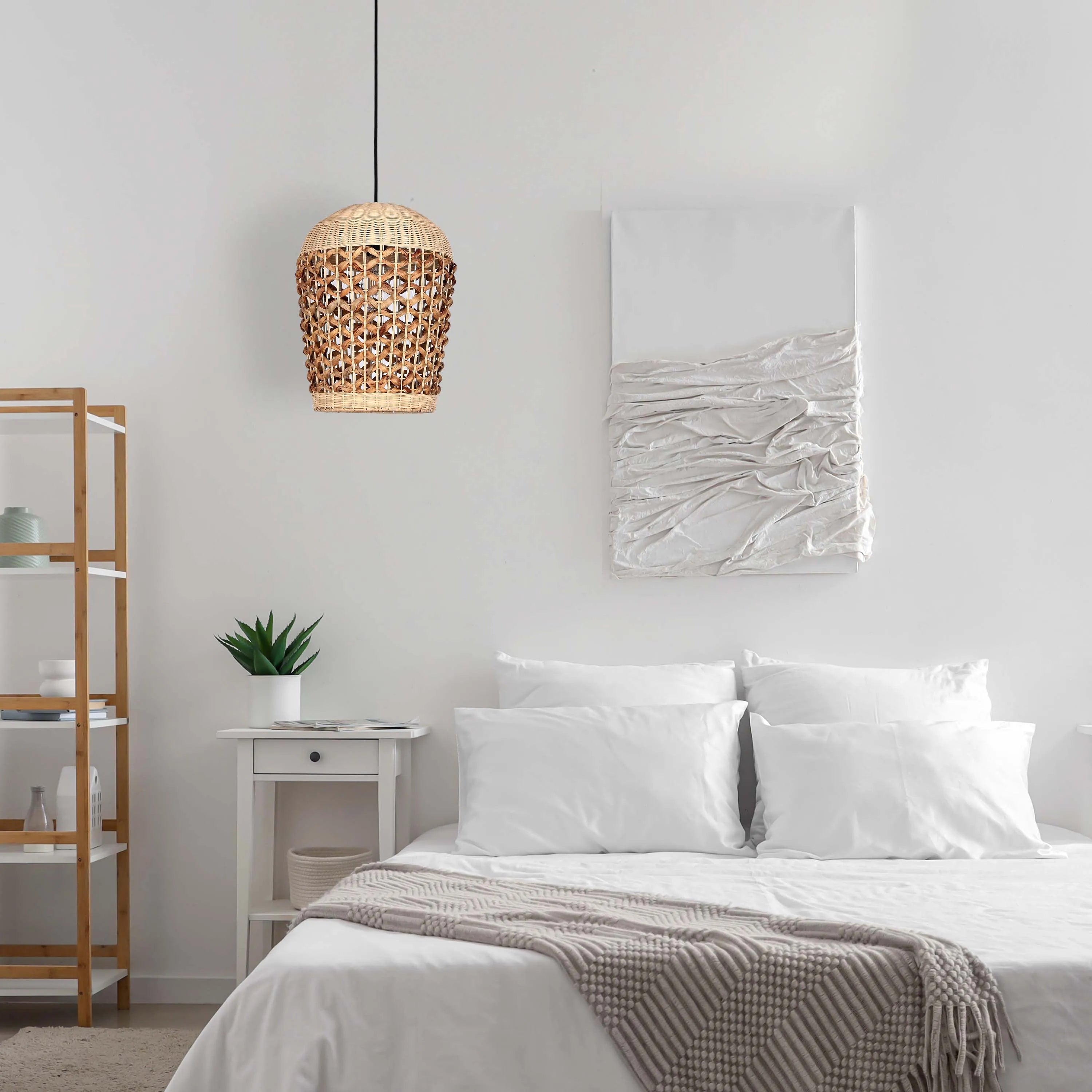 Woven pendant light casts a warm glow in a modern bedroom. Natural textures provide a calming and inviting atmosphere.