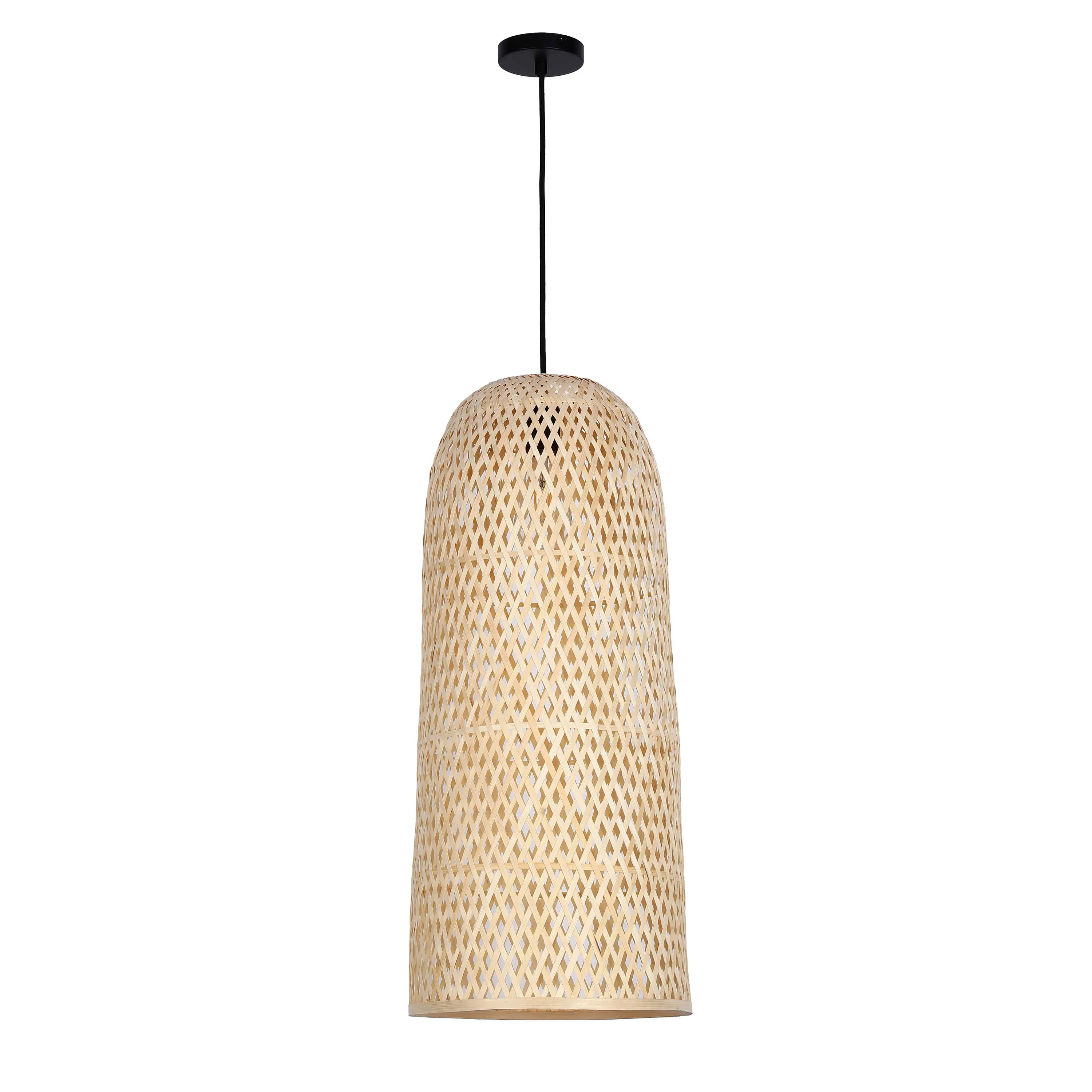 A woven bamboo pendant light with a black ceiling rose, suspended against a white backdrop.