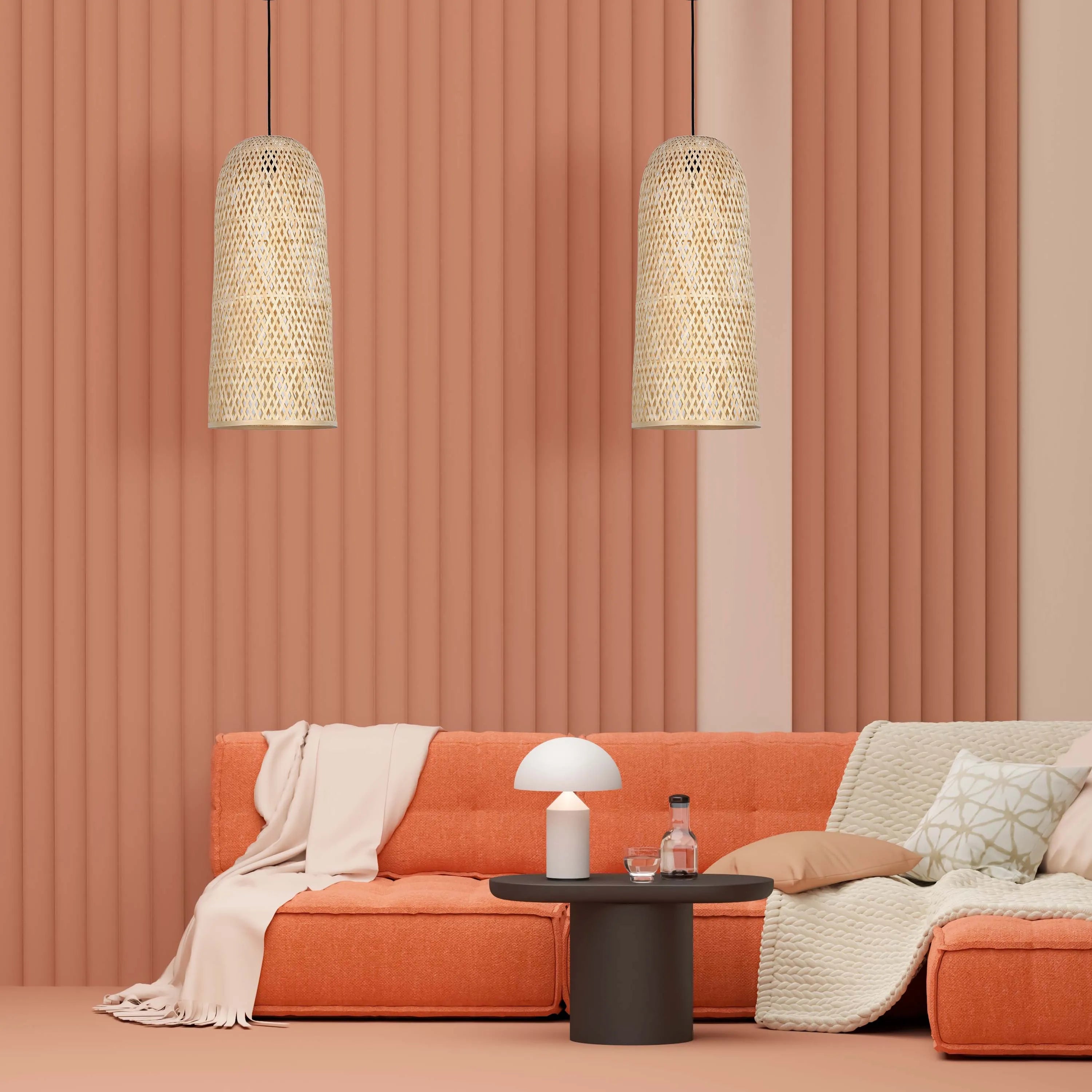 Contemporary lighting featuring two woven pendant lights, a mushroom lamp on a table, and soft, diffused light illuminating the scene.