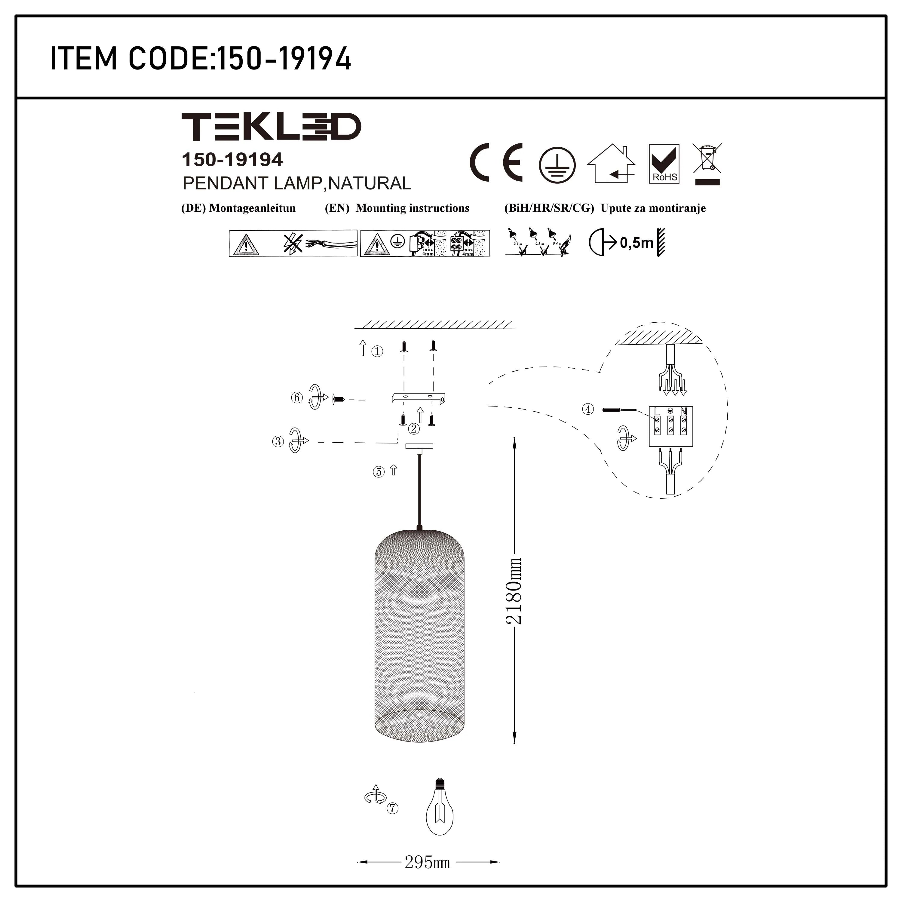 Pendant light installation diagram, showing ceiling mounting, wiring, and dimensions of 2180mm height and 295mm width.