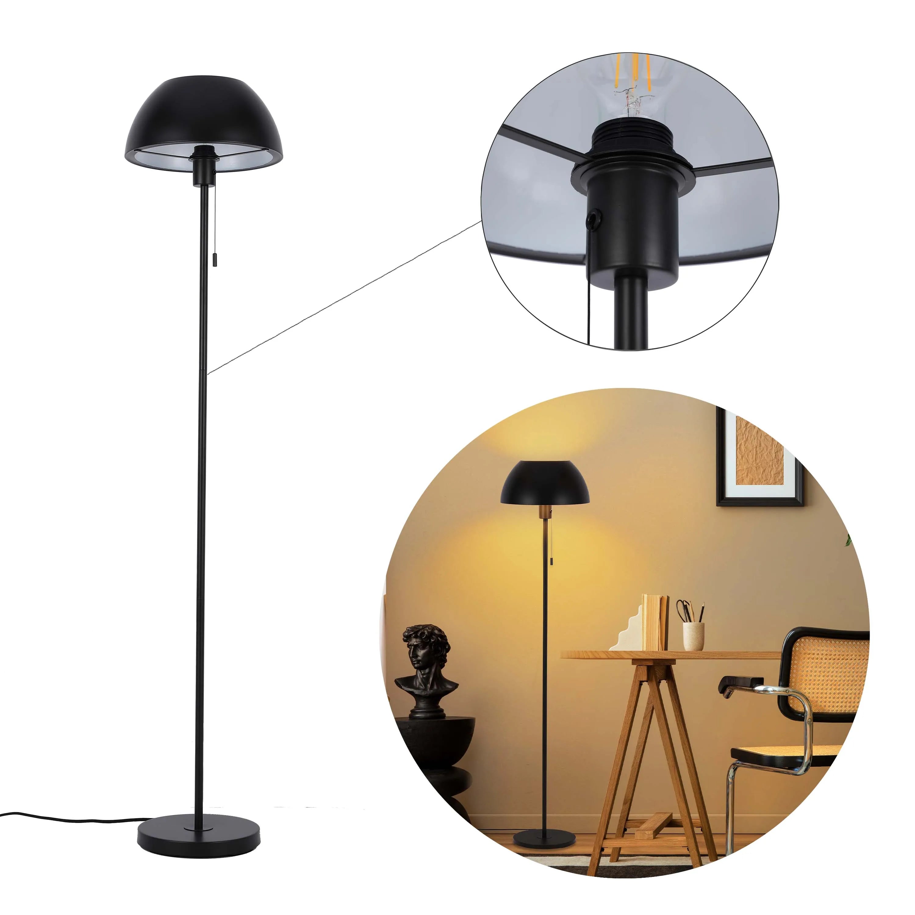 A black dome floor lamp is shown, with a bright bulb. The lamp has a simple, minimal design and provides a warm, ambient glow.
