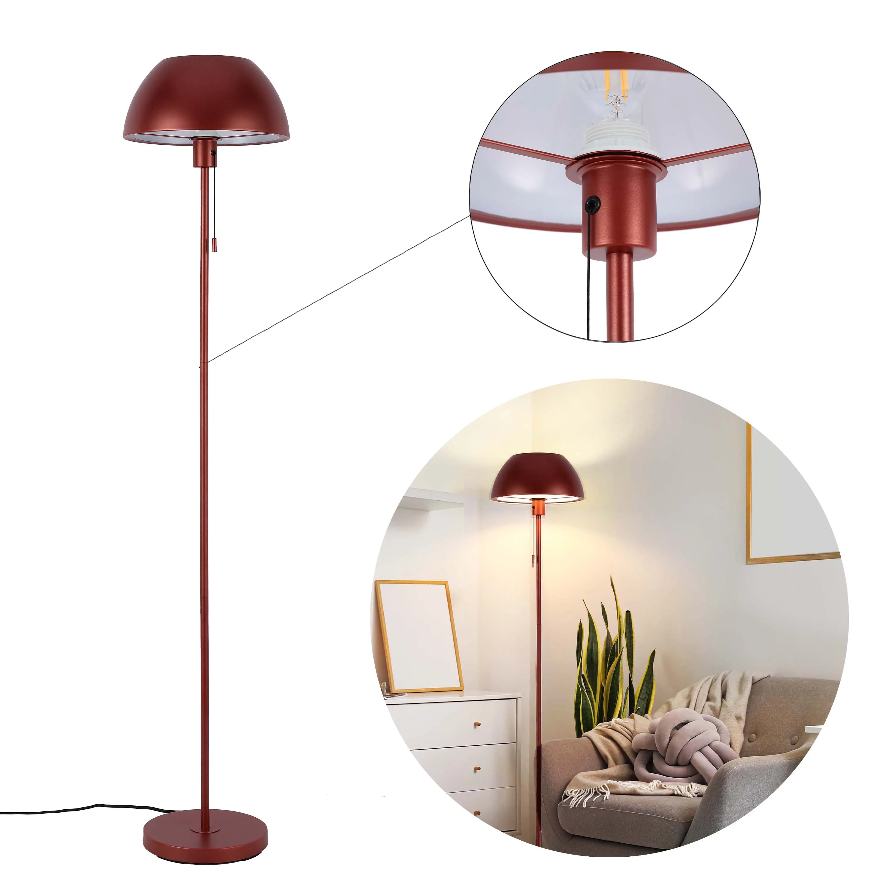 A stylish rust-coloured dome floor lamp on display, casting a warm, inviting glow.
