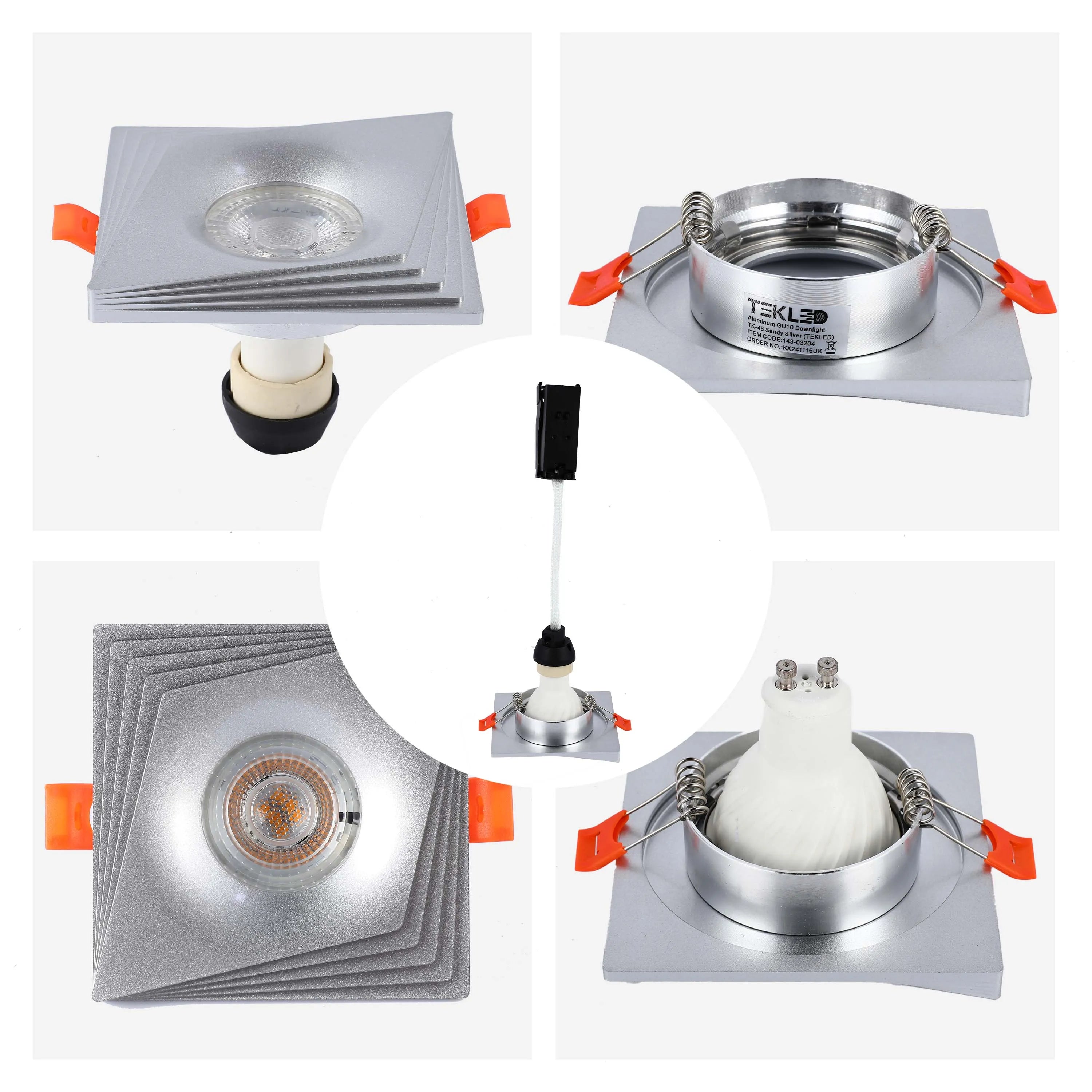 A recessed spotlight with a square silver mount, showing bulb options and installation mechanism, for modern interior lighting.