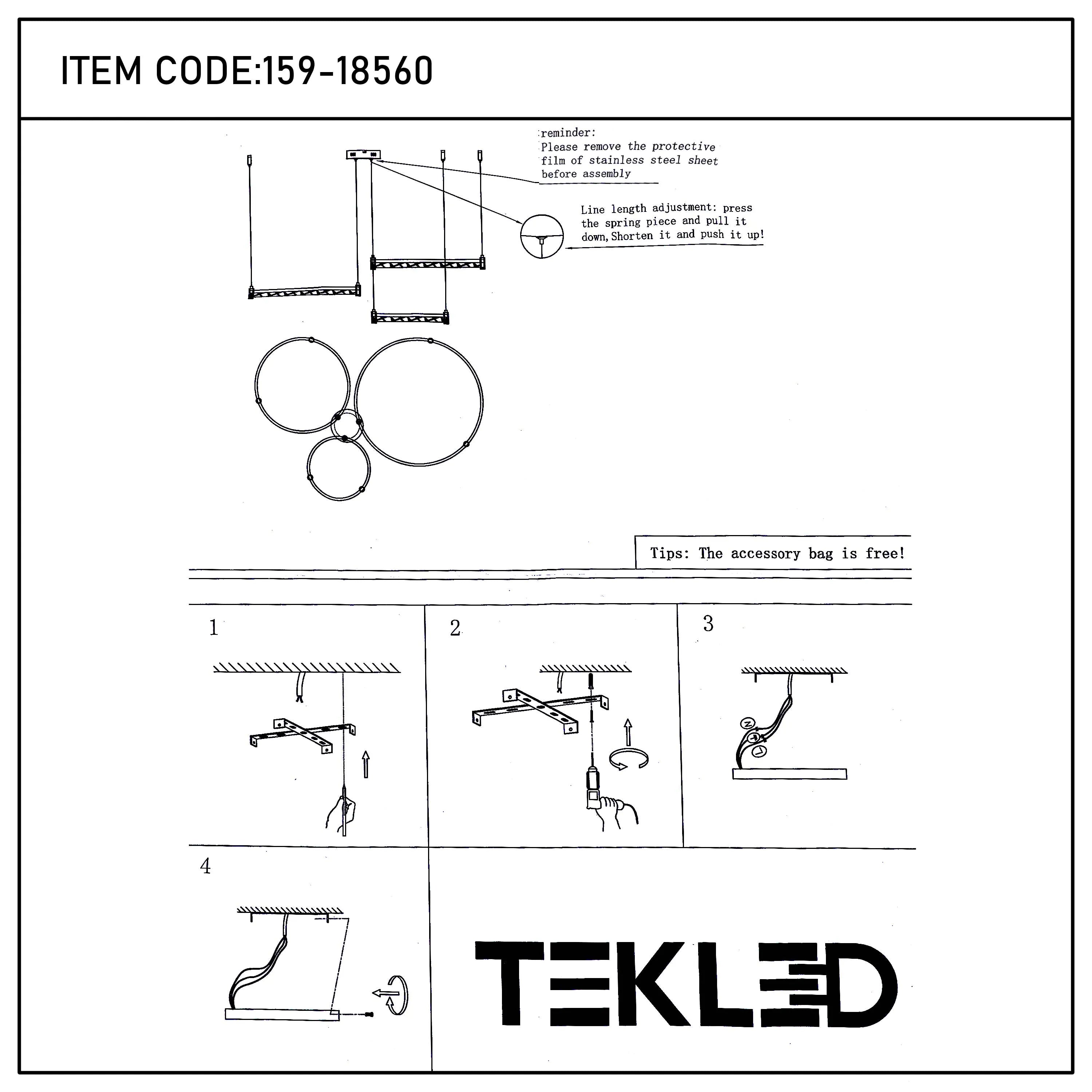 A ceiling light with a square frame and suspended metal rings, with assembly instructions.
