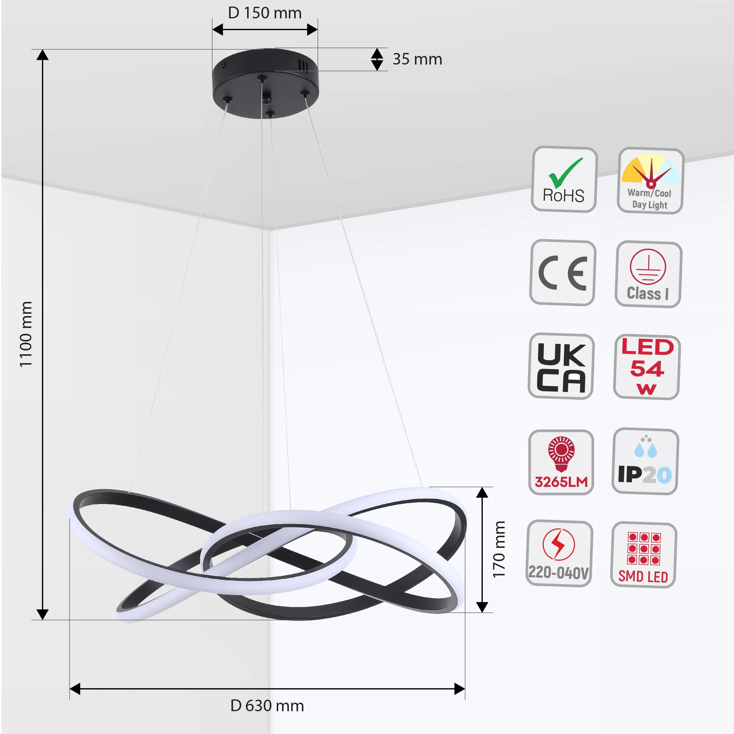 Modern black and white LED pendant light. Dimensions: 1100mm height, 630mm diameter, 150mm canopy diameter.