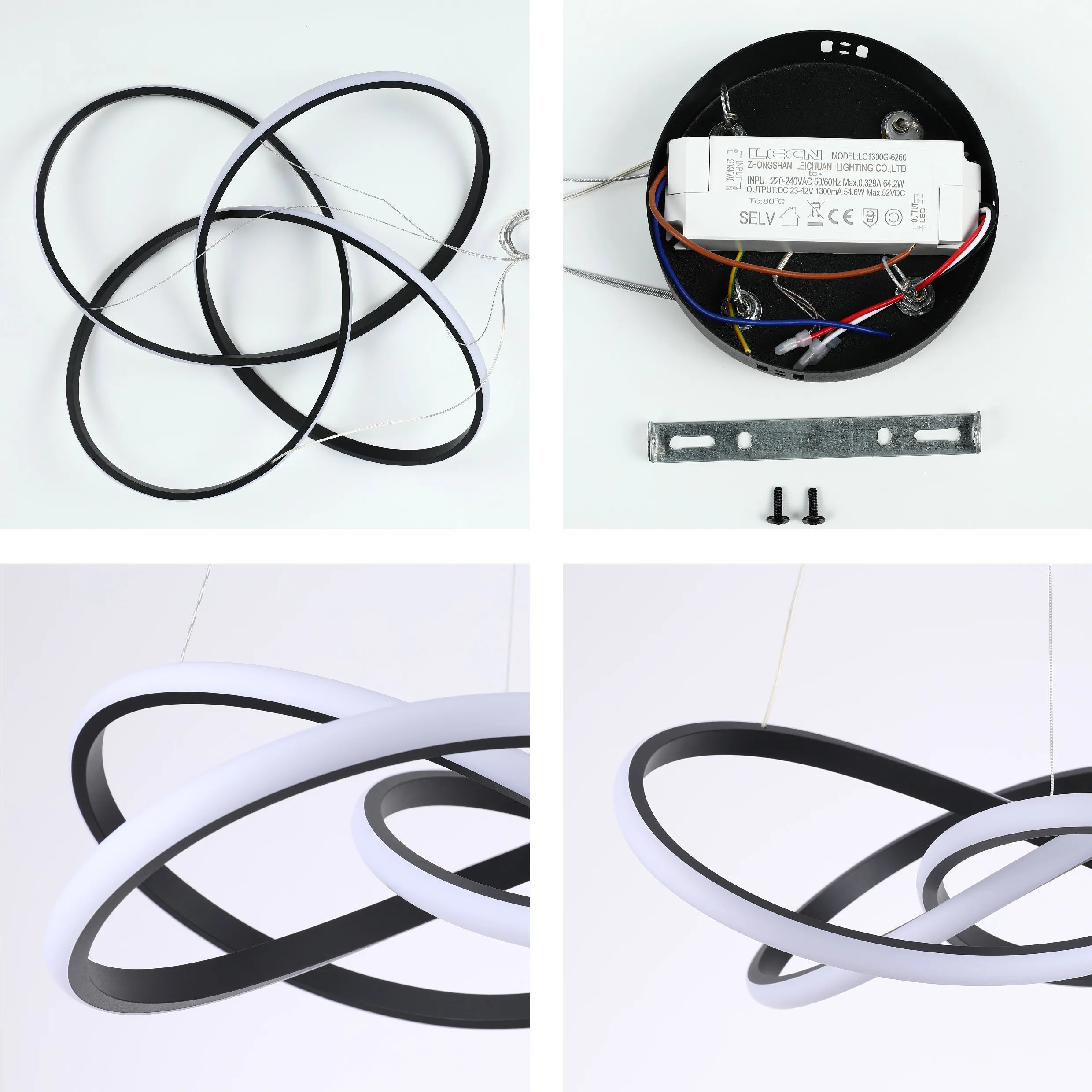 A modern LED ceiling light with black hoops, with an inner white light. It's energy-efficient and stylish.