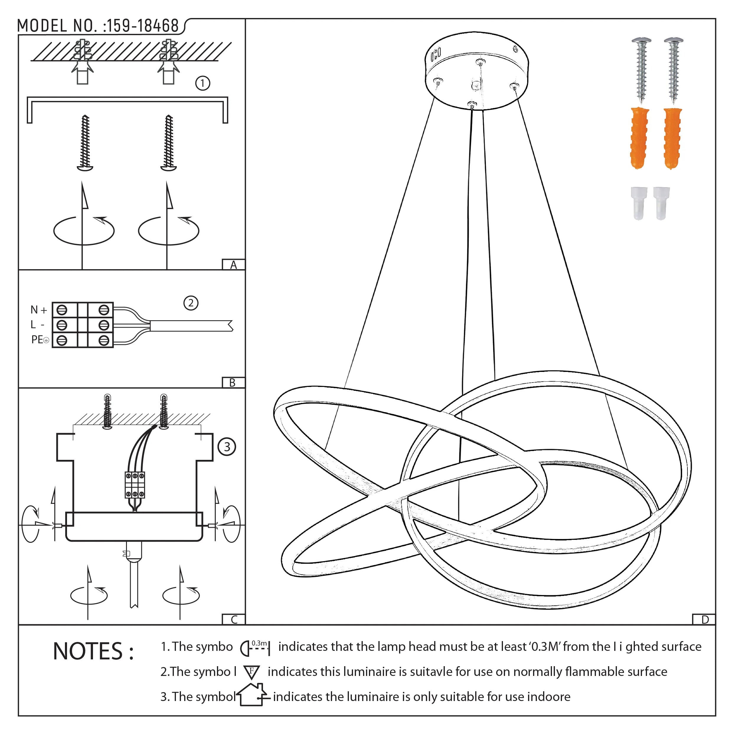 Contemporary LED pendant light with a unique, interlocking ring design. Installation instructions are included, ensuring safe setup.