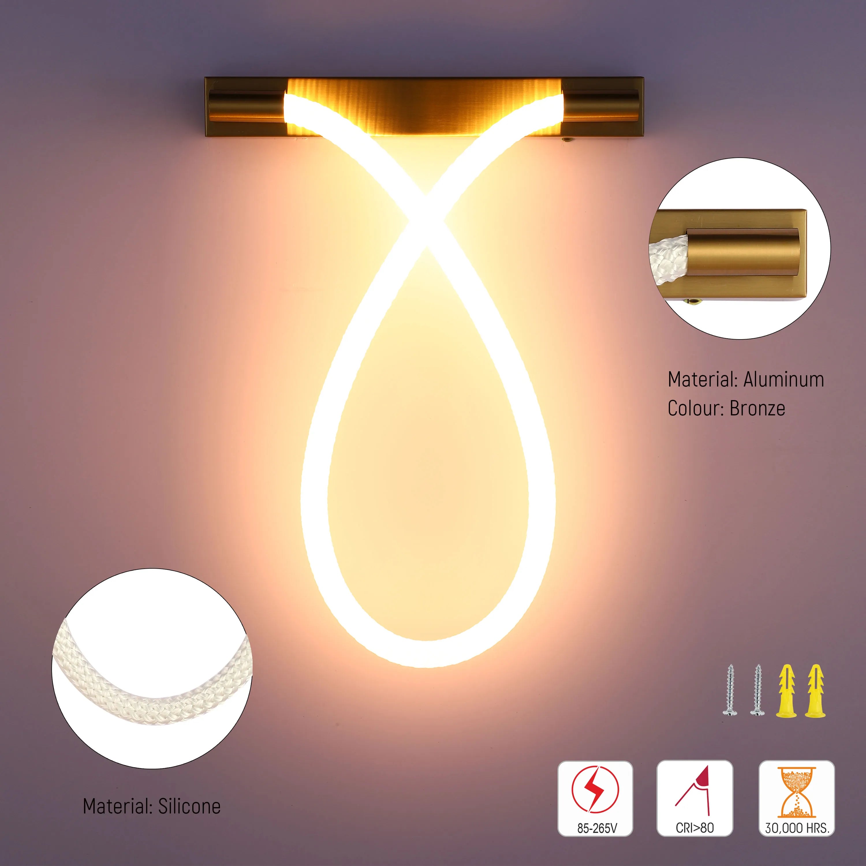 Modern, bronze-coloured wall light with infinity loop design. It uses silicone for a smooth, clean look.