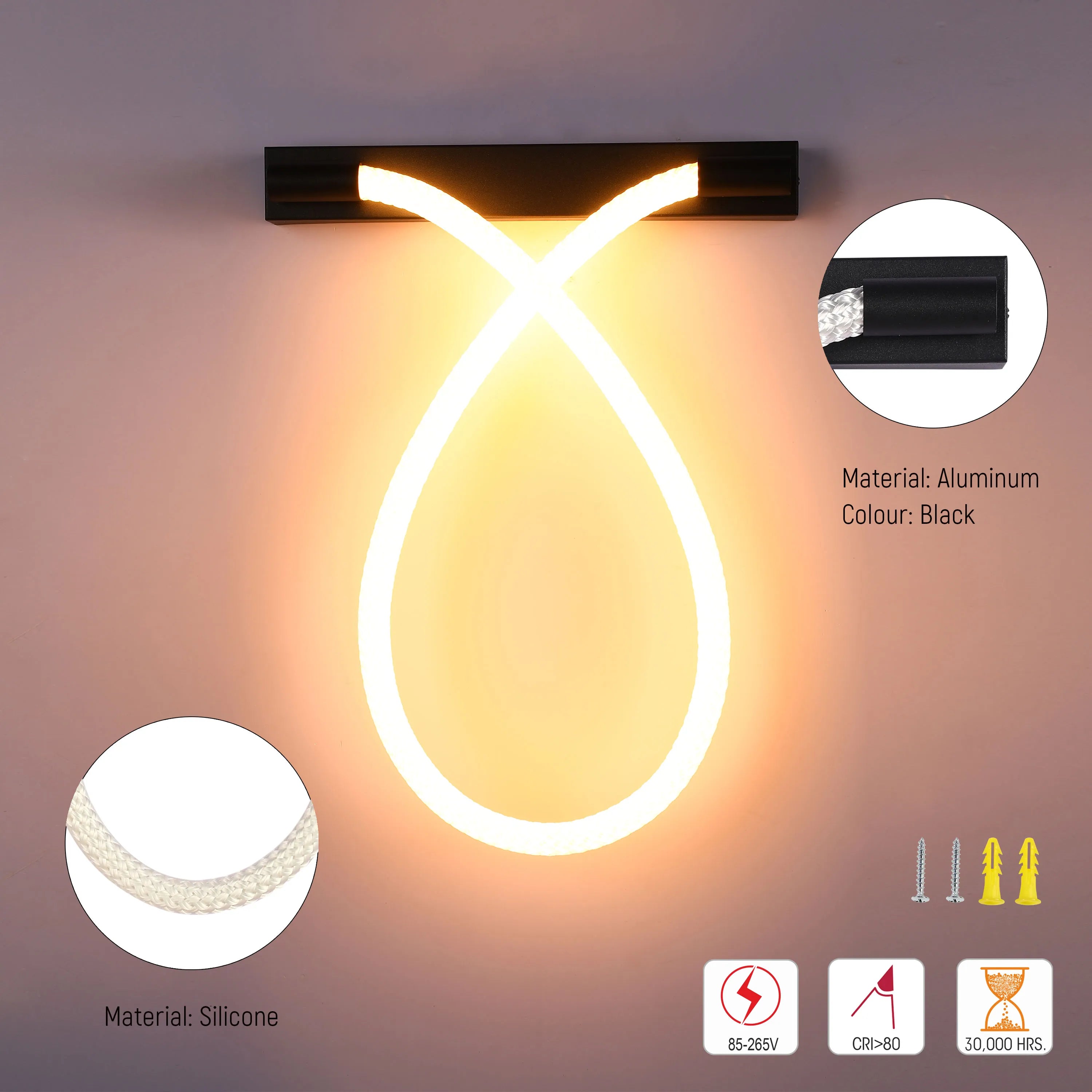 A modern wall lamp with a warm white, looping light tube. It features black, aluminum mounting hardware and a silicone light material.